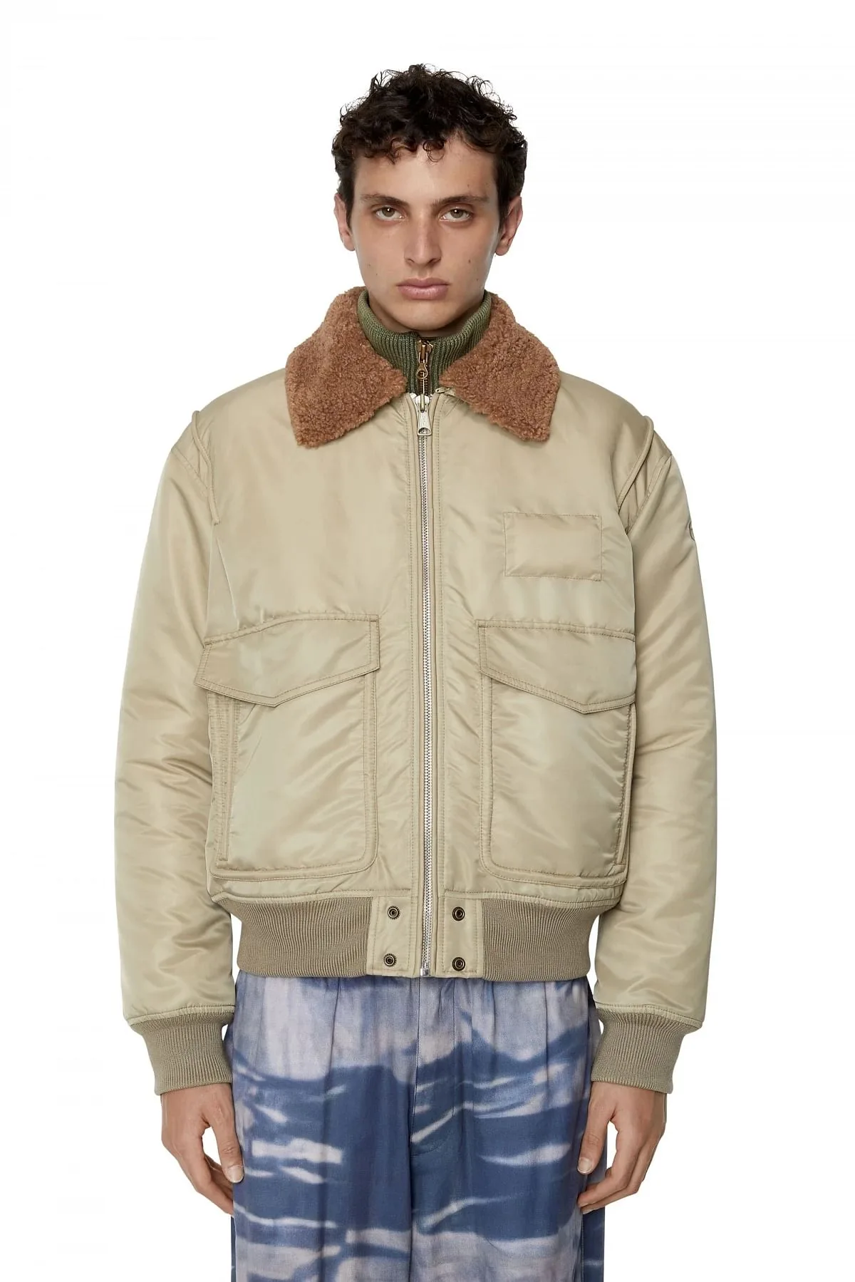 Beige Padded bomber jacket with fuzzy collar