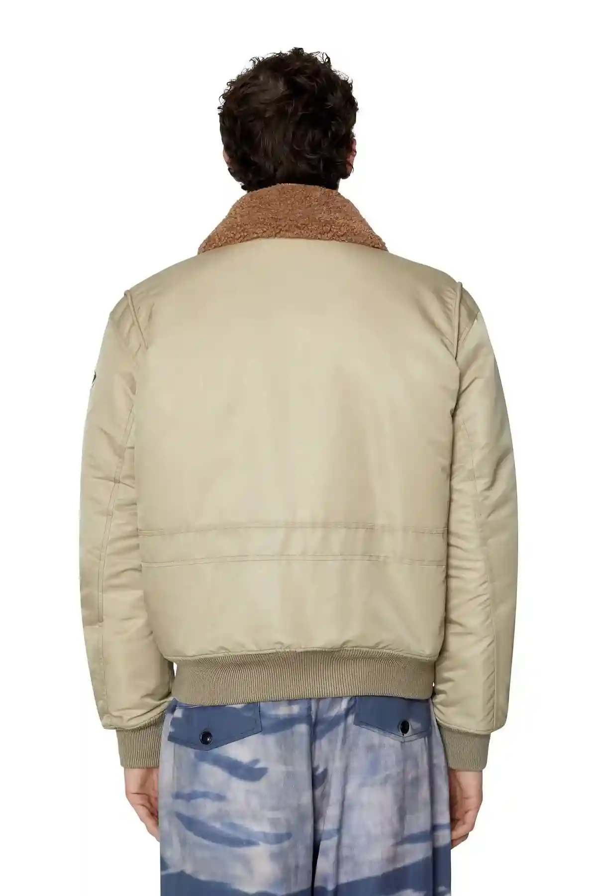 Beige Padded bomber jacket with fuzzy collar