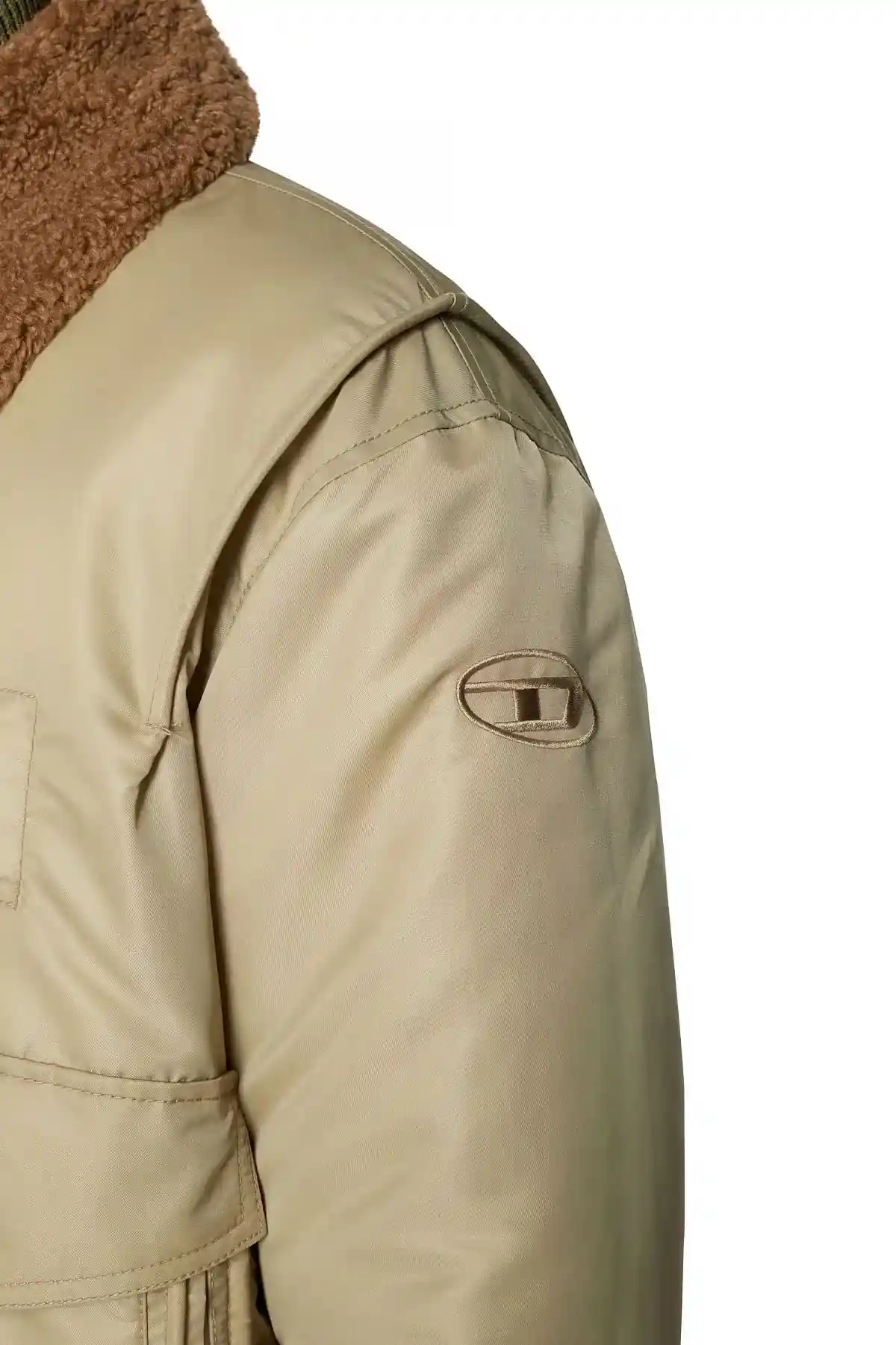 Beige Padded bomber jacket with fuzzy collar