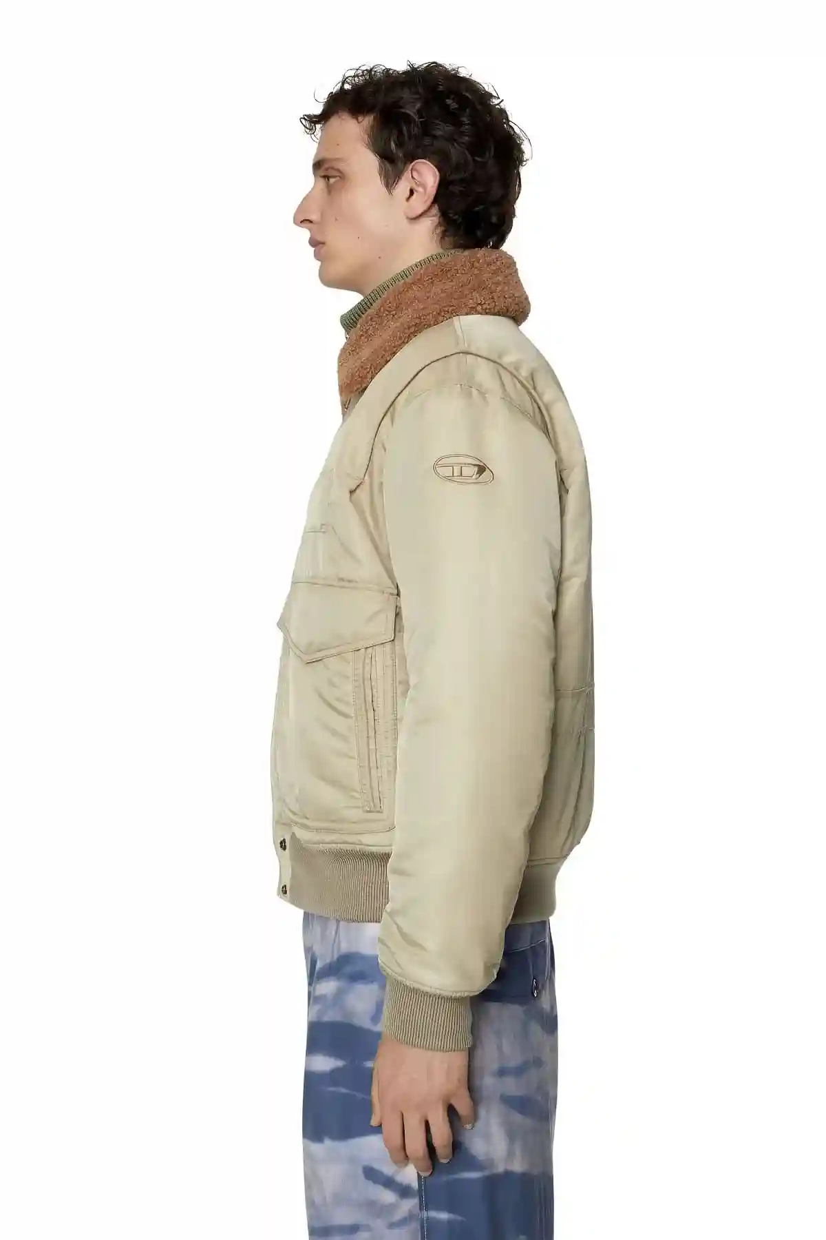 Beige Padded bomber jacket with fuzzy collar