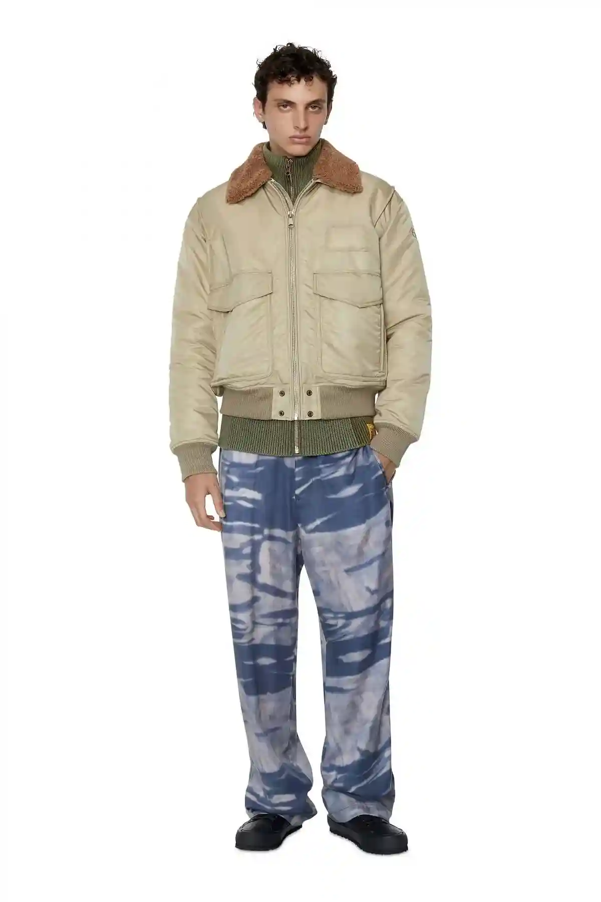 Beige Padded bomber jacket with fuzzy collar