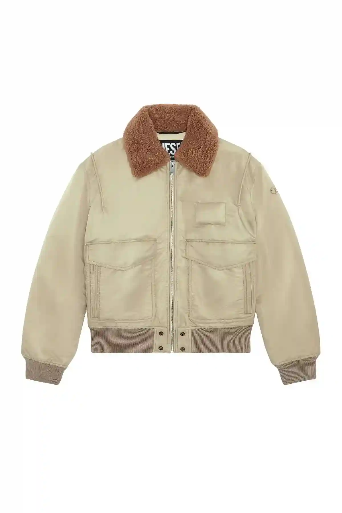 Beige Padded bomber jacket with fuzzy collar