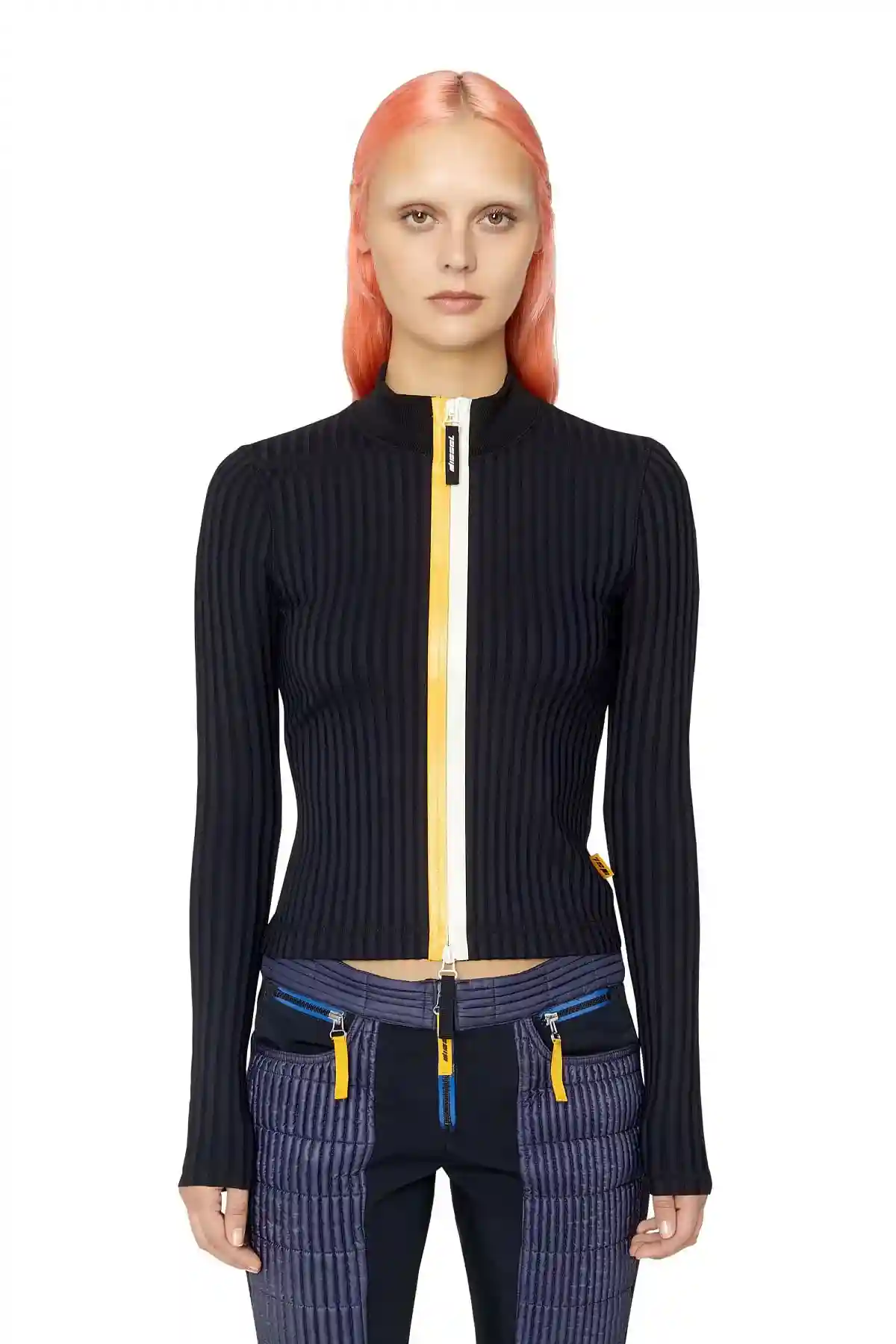 Black Ribbed cardigan with shiny tape zip