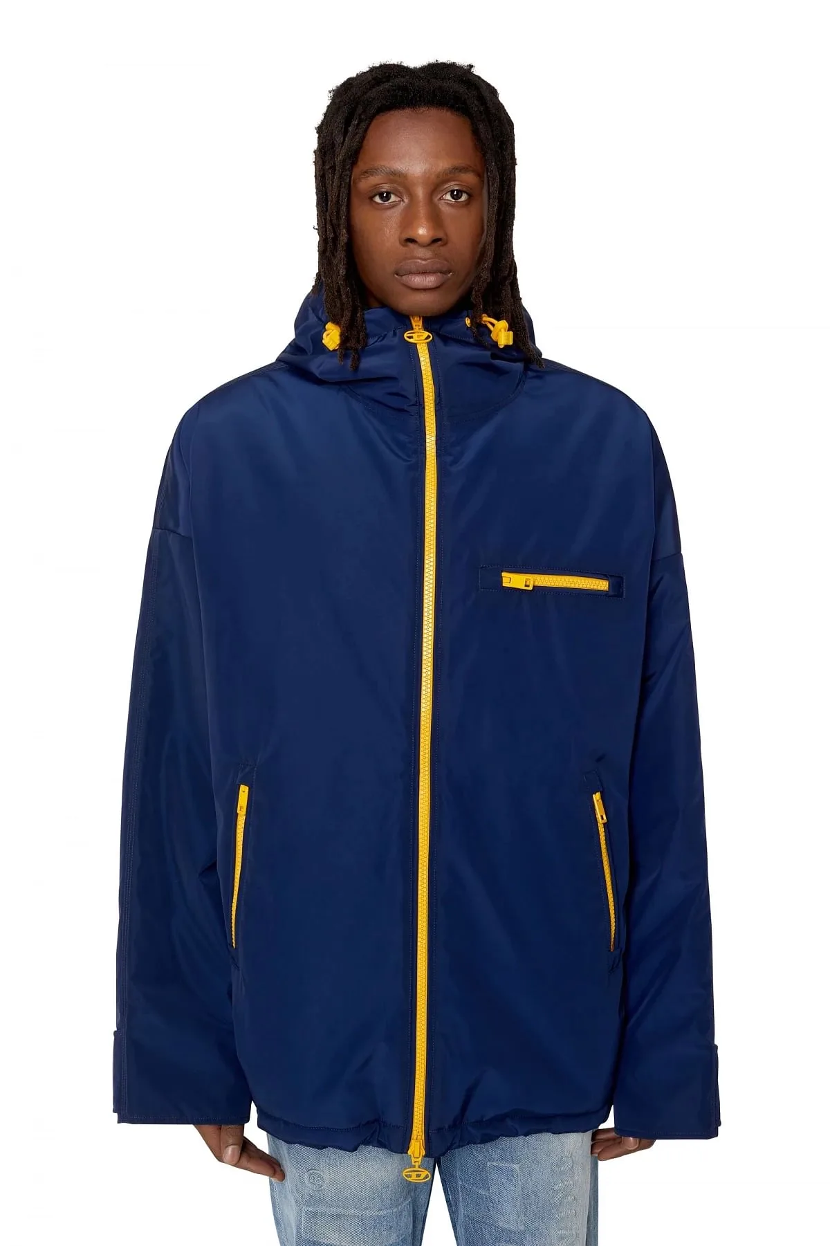 Blue Padded hooded jacket with piped logo