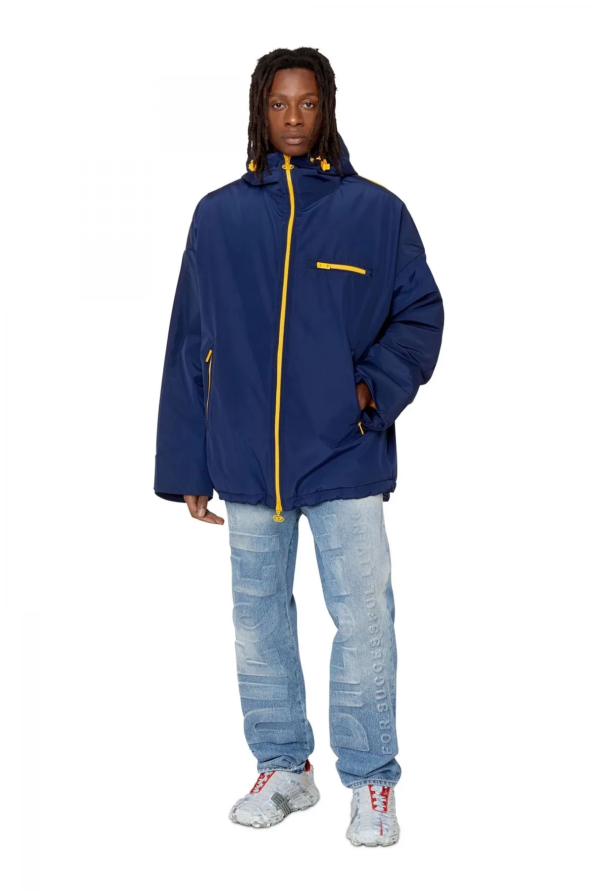 Blue Padded hooded jacket with piped logo