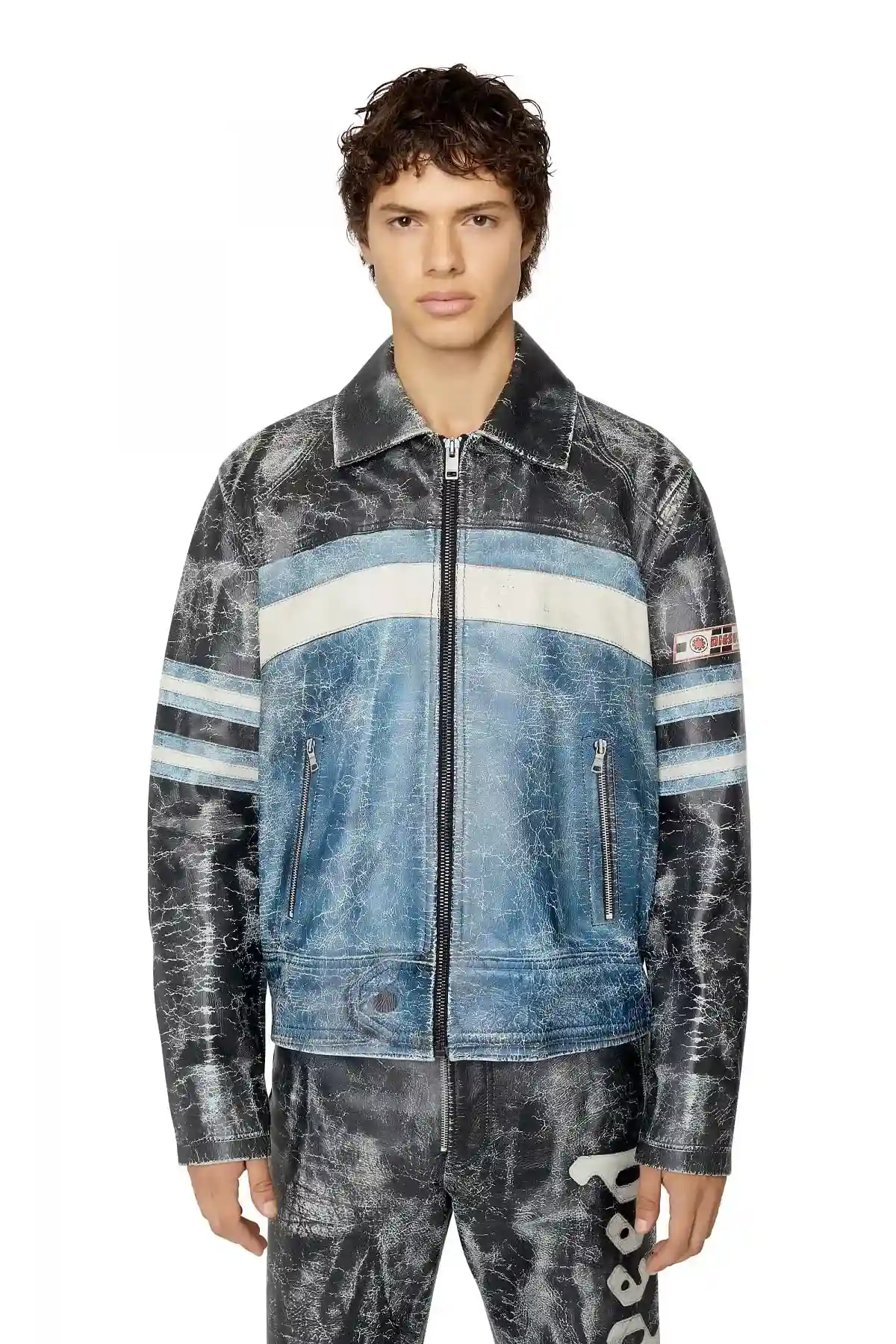 Blue and Grey Leather coach jacket with biker print