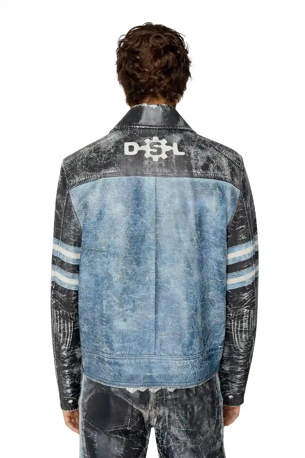 Blue and Grey Leather coach jacket with biker print