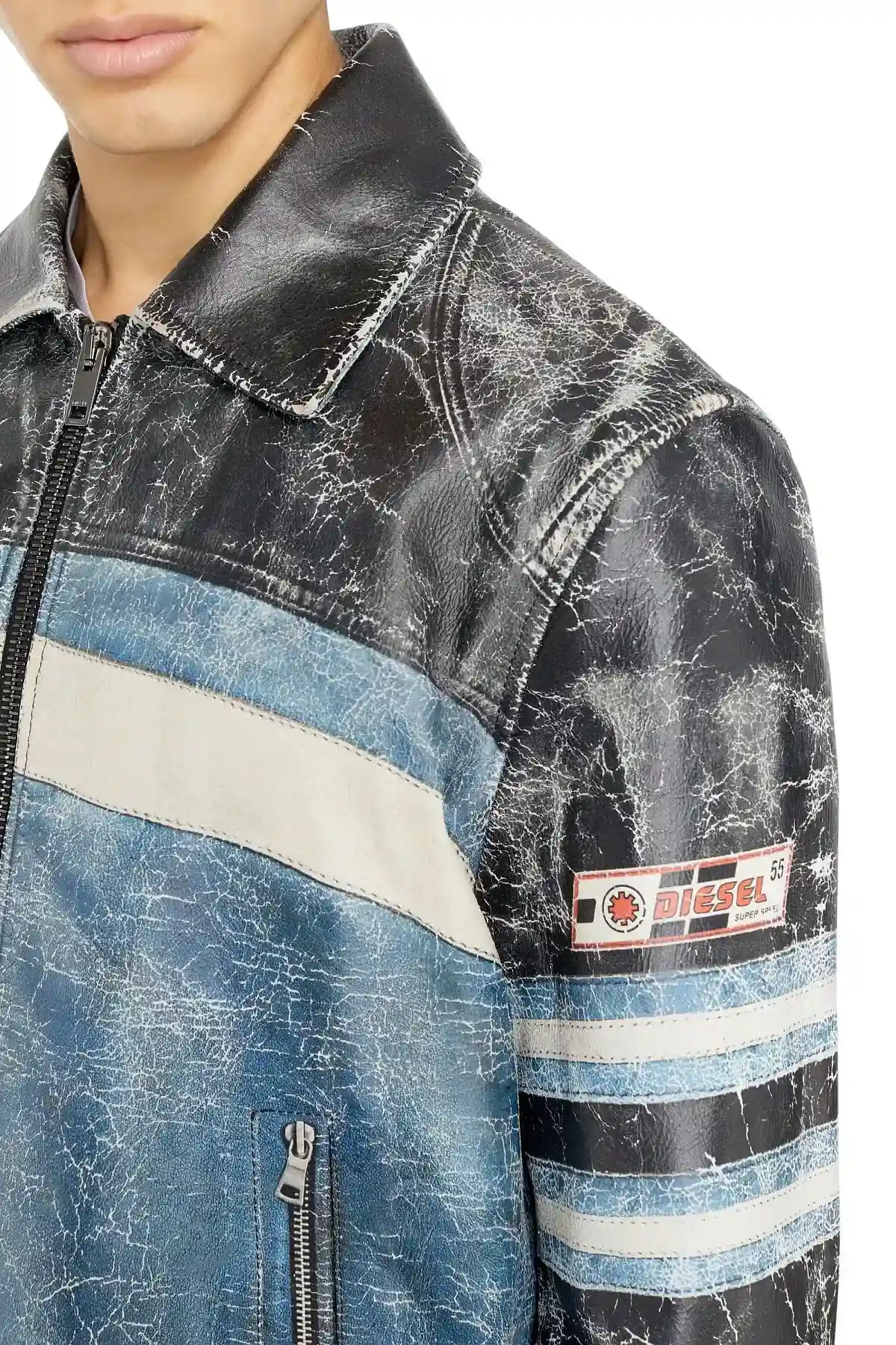 Blue and Grey Leather coach jacket with biker print
