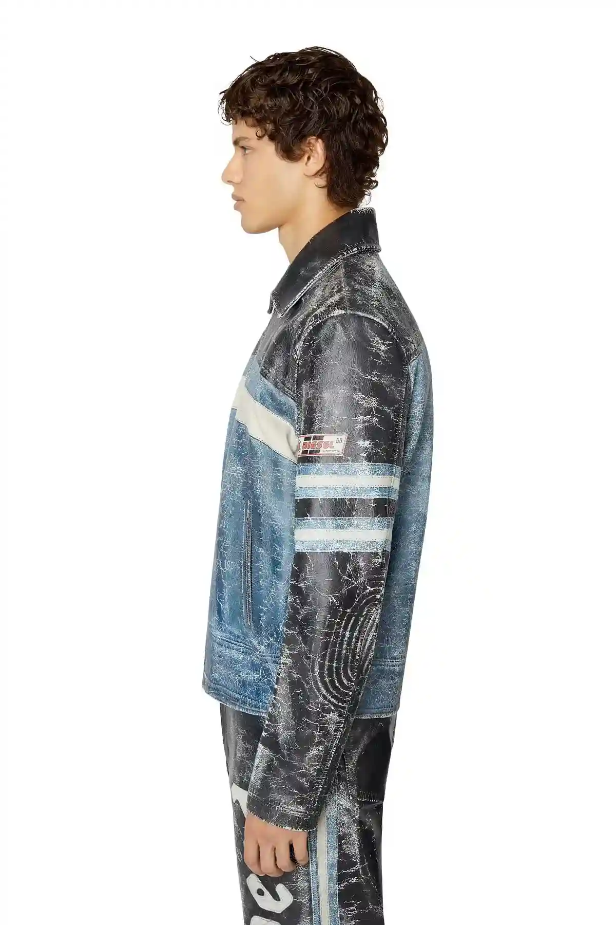 Blue and Grey Leather coach jacket with biker print