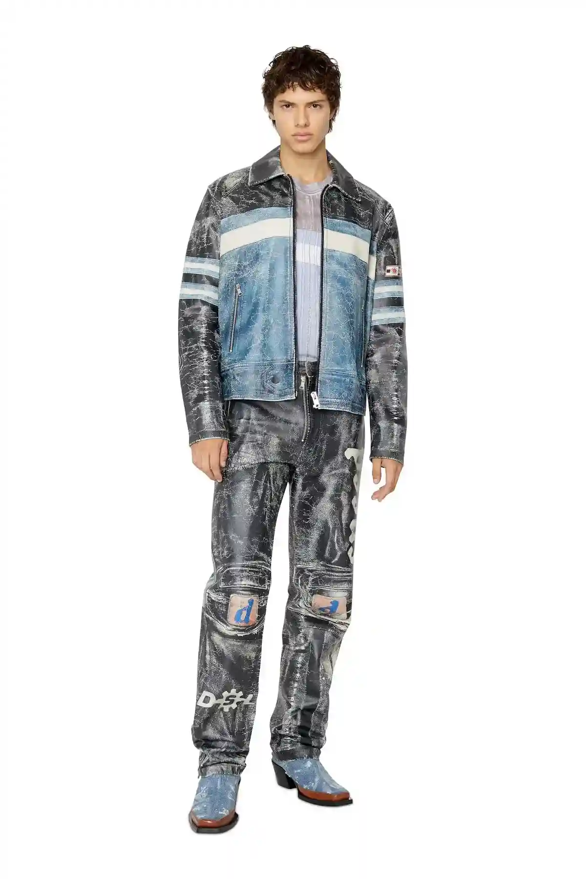 Blue and Grey Leather coach jacket with biker print