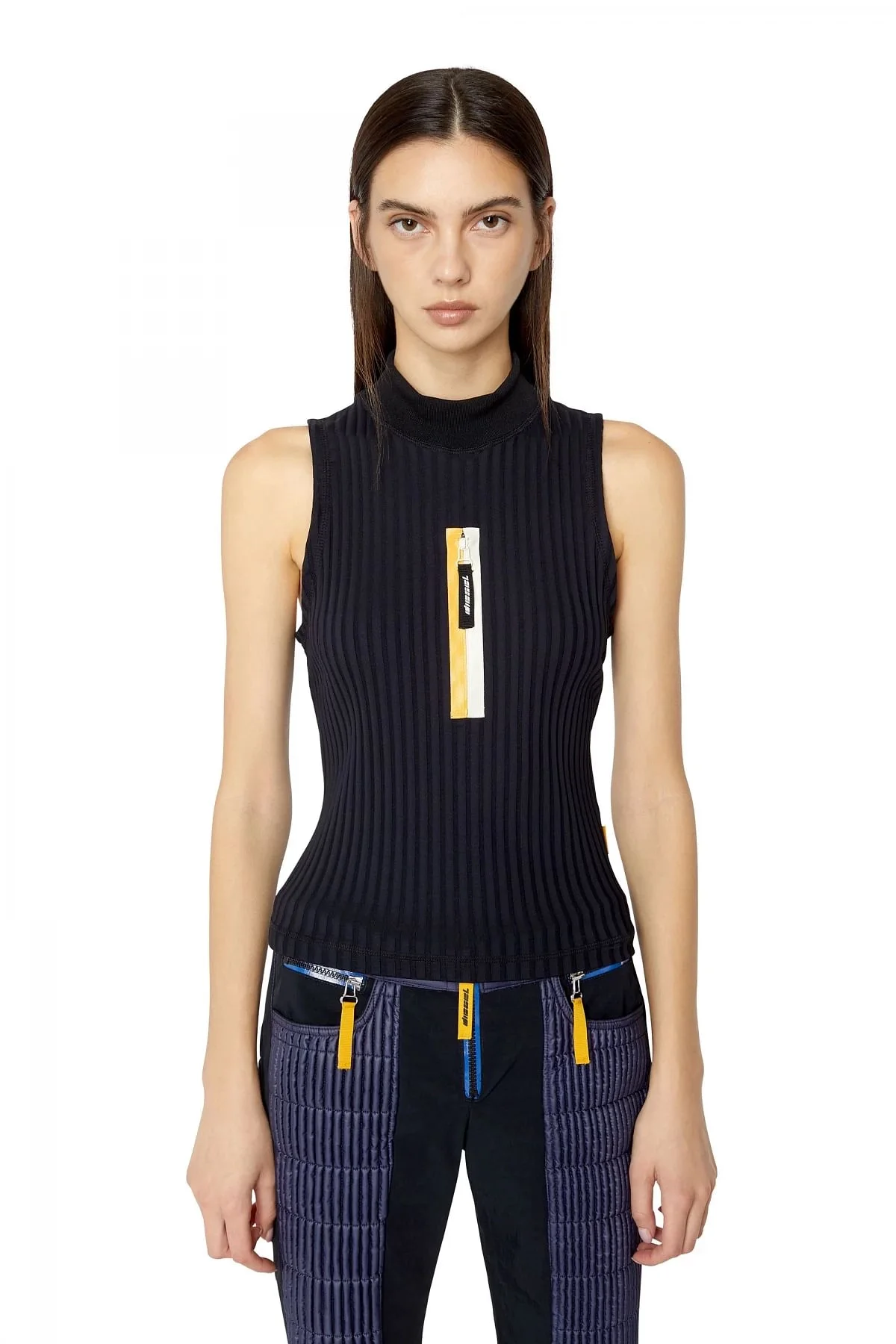 Black Ribbed tank top with shiny tape zip