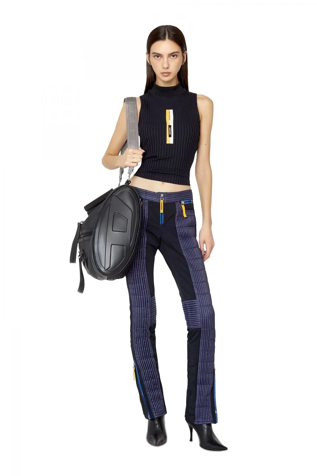 Black Ribbed tank top with shiny tape zip