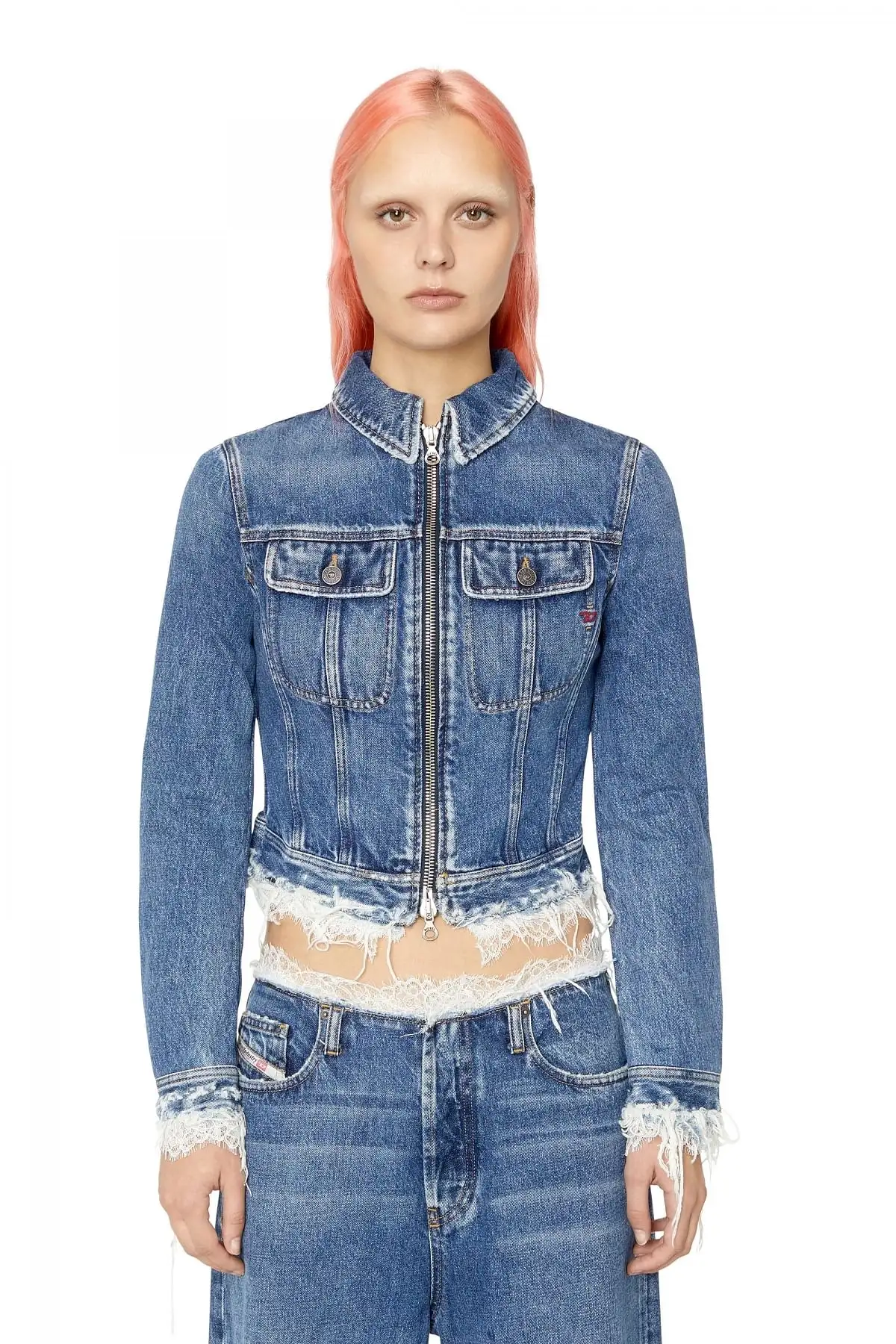 Blue Lace-trimmed slim-fit trucker jacket