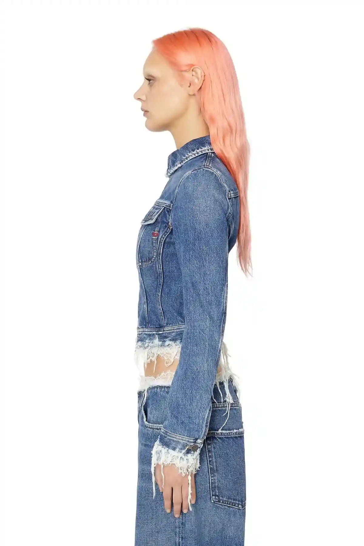 Blue Lace-trimmed slim-fit trucker jacket