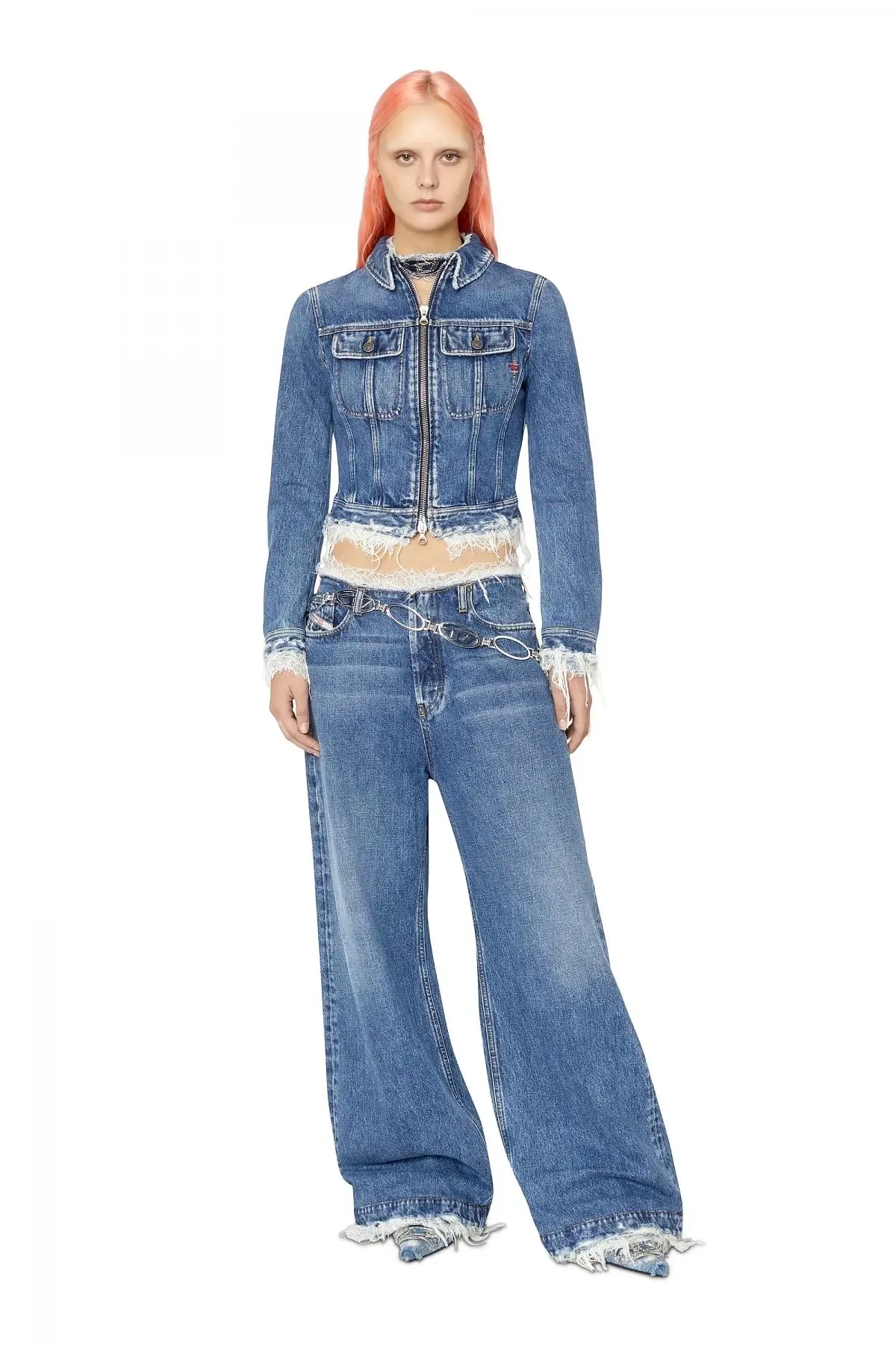 Blue Lace-trimmed slim-fit trucker jacket