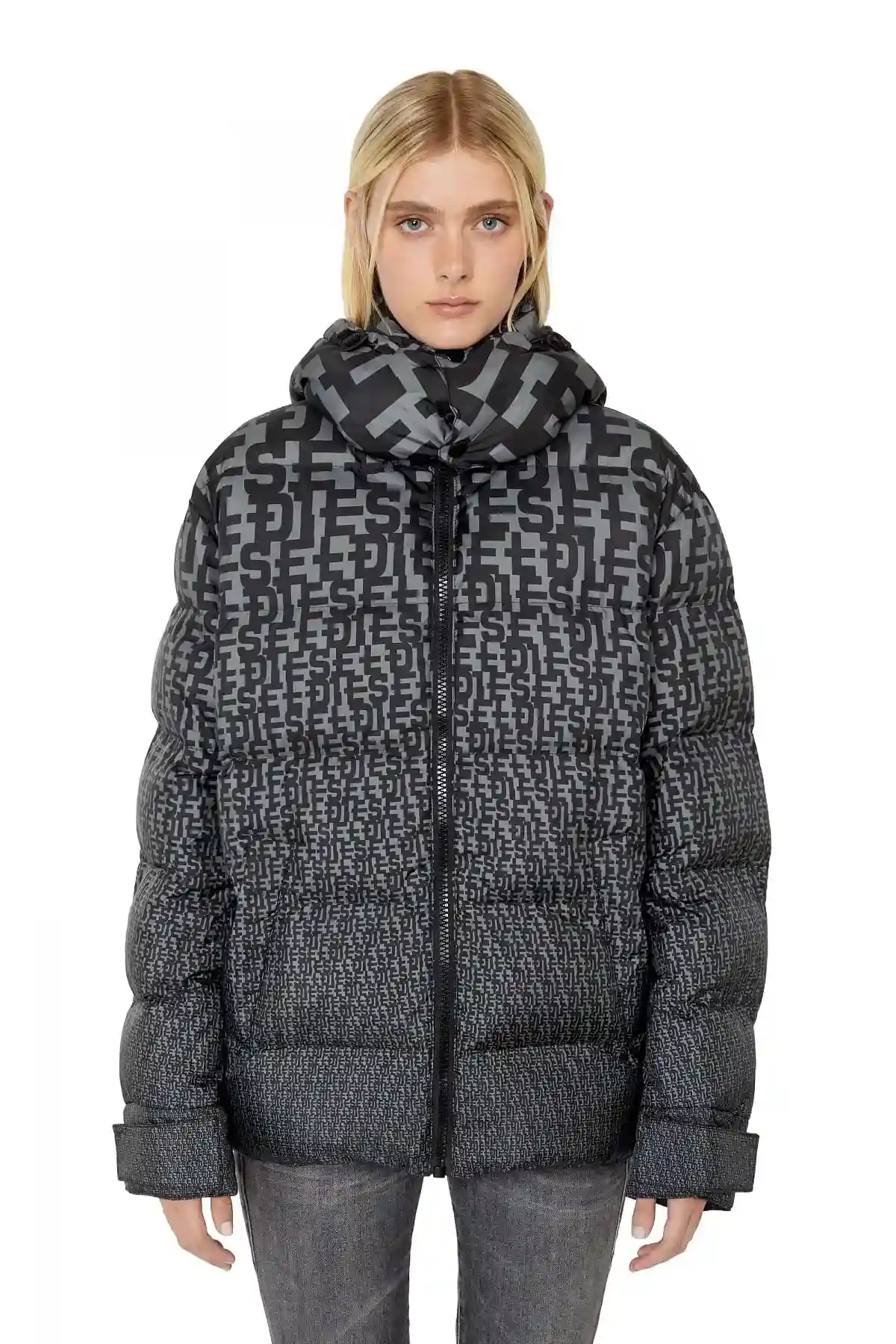 Grey Puffer jacket with all-over logo print