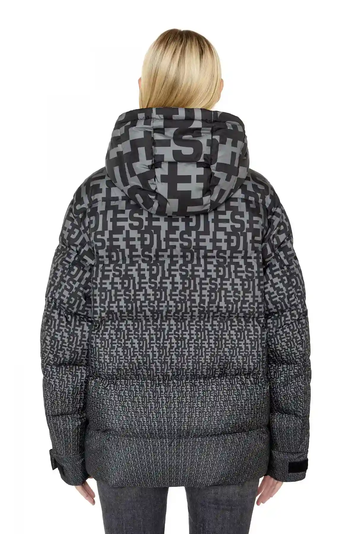 Grey Puffer jacket with all-over logo print