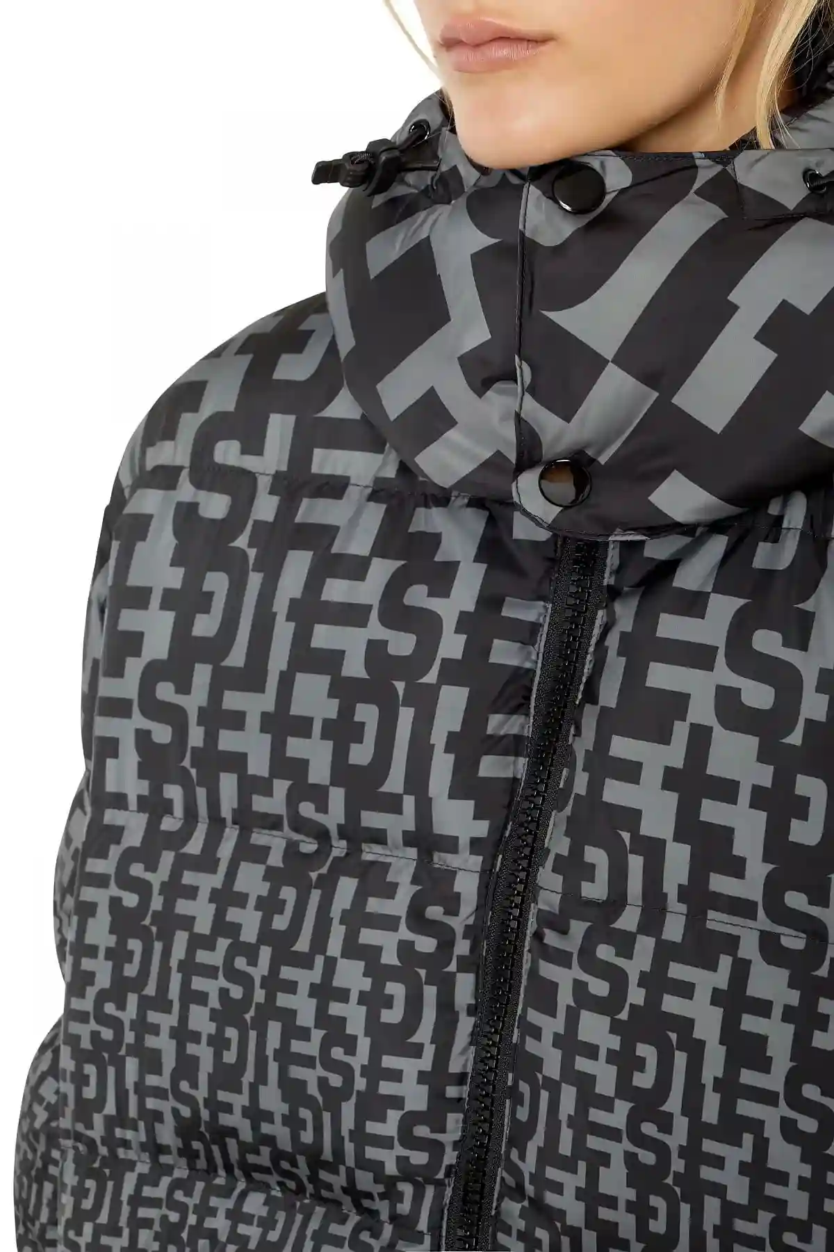 Grey Puffer jacket with all-over logo print