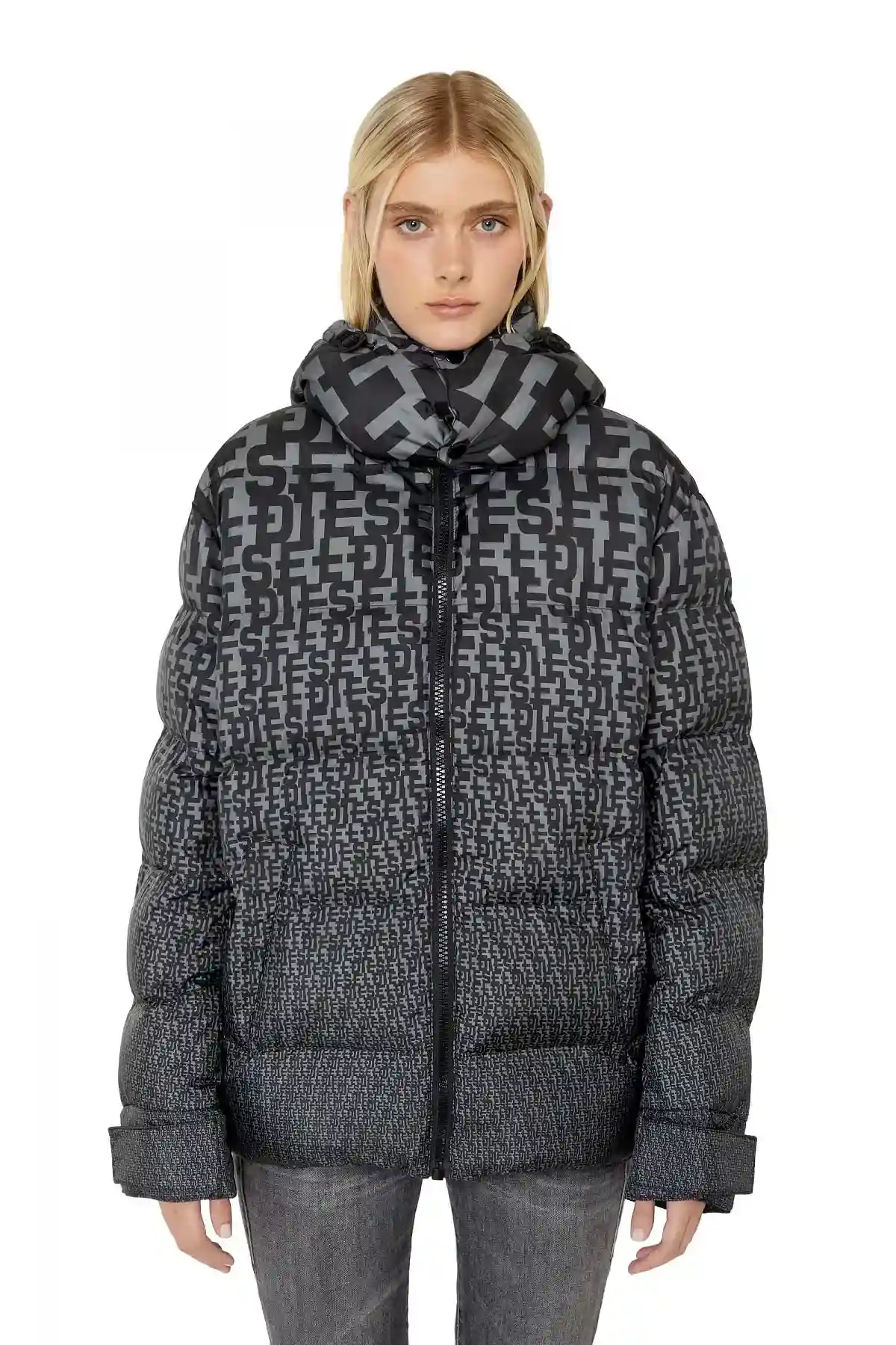 Grey Puffer jacket with all-over logo print