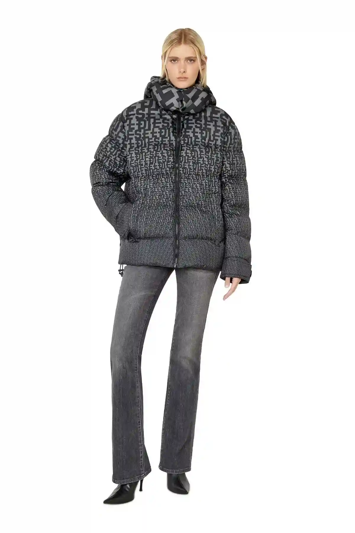 Grey Puffer jacket with all-over logo print