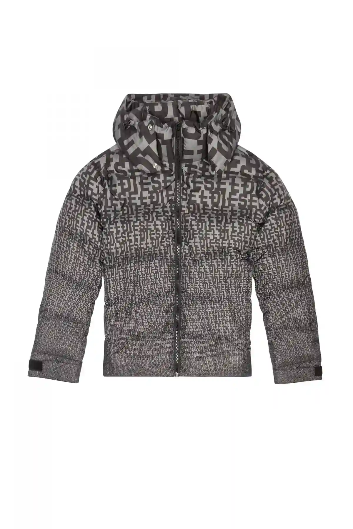 Grey Puffer jacket with all-over logo print