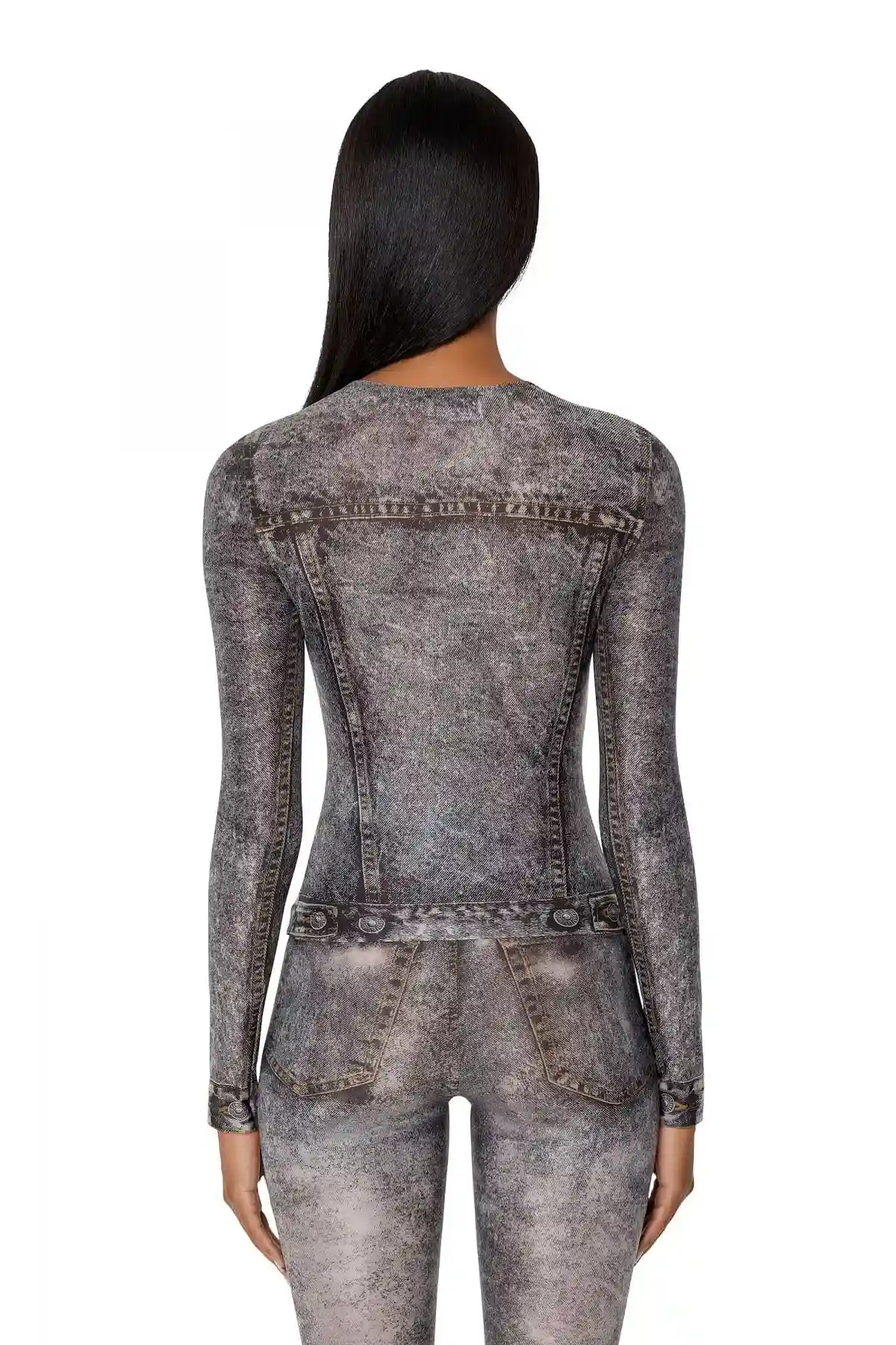 Black Long-sleeve top with denim print