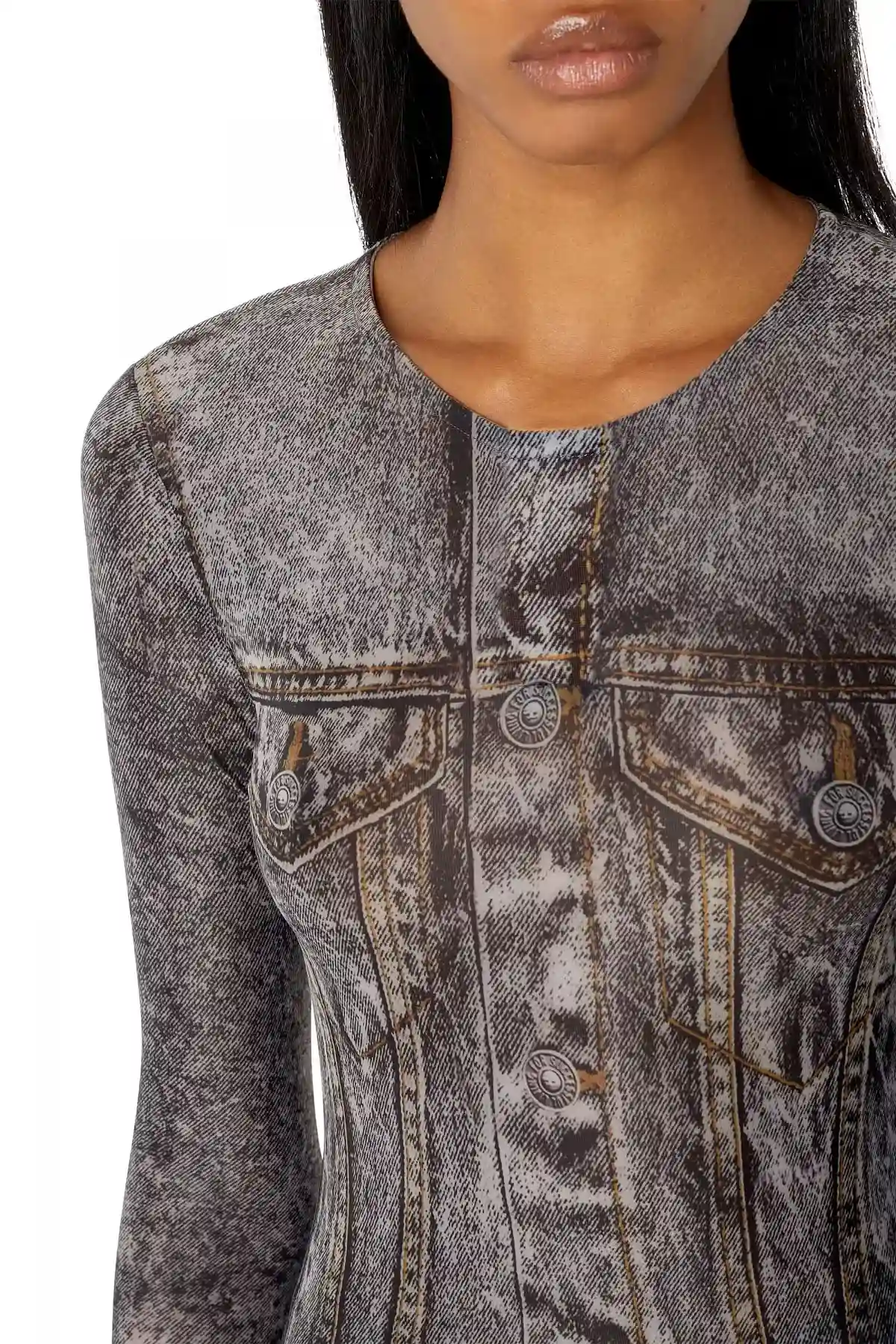 Black Long-sleeve top with denim print