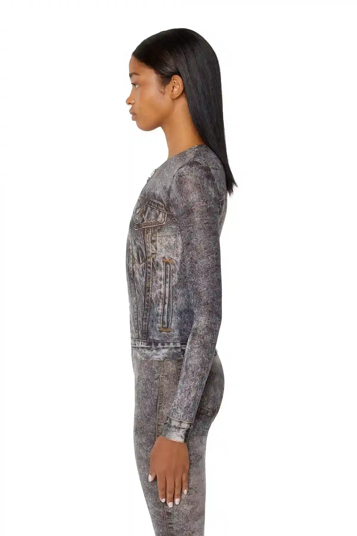 Black Long-sleeve top with denim print