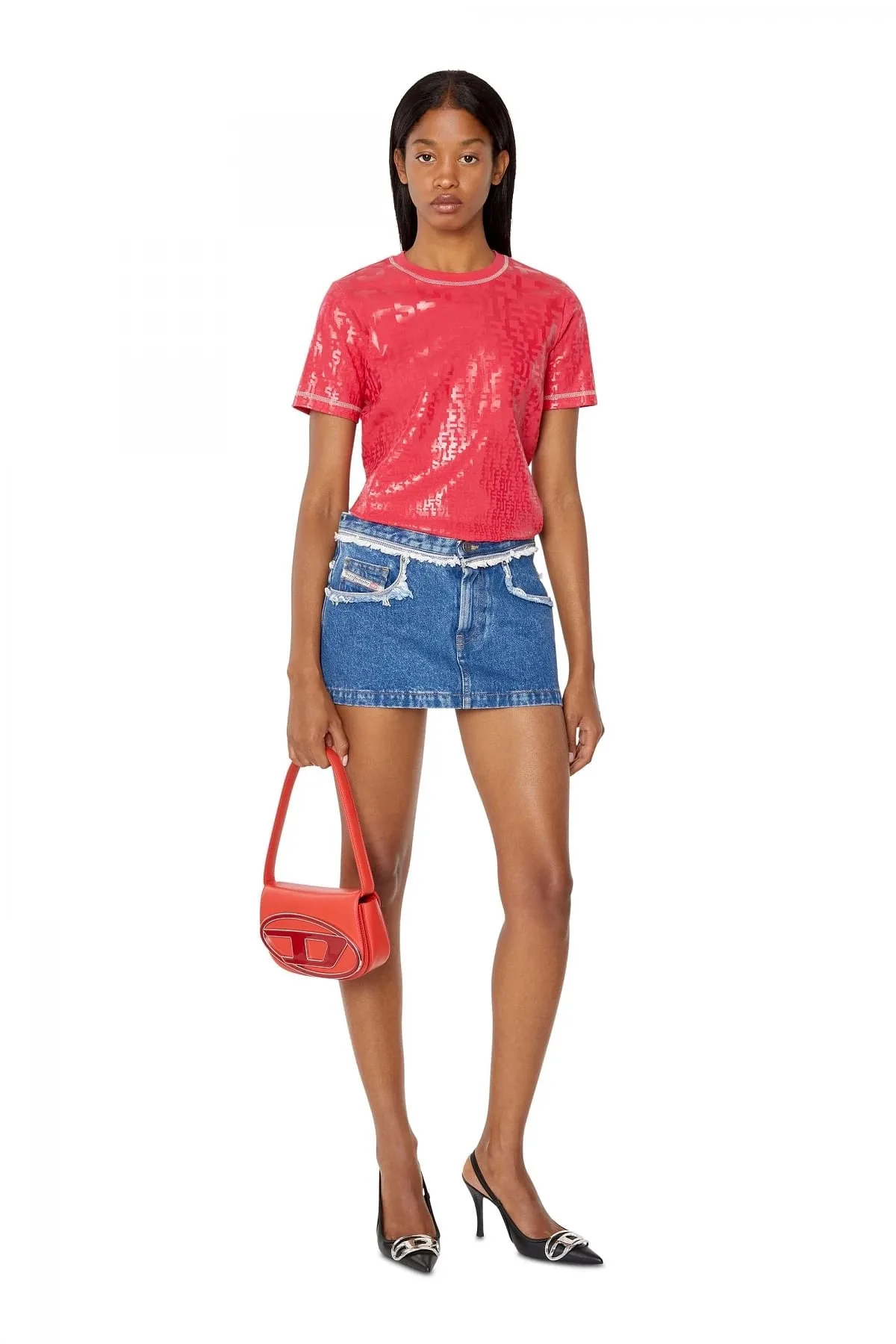 Red T-shirt with tonal monogram print