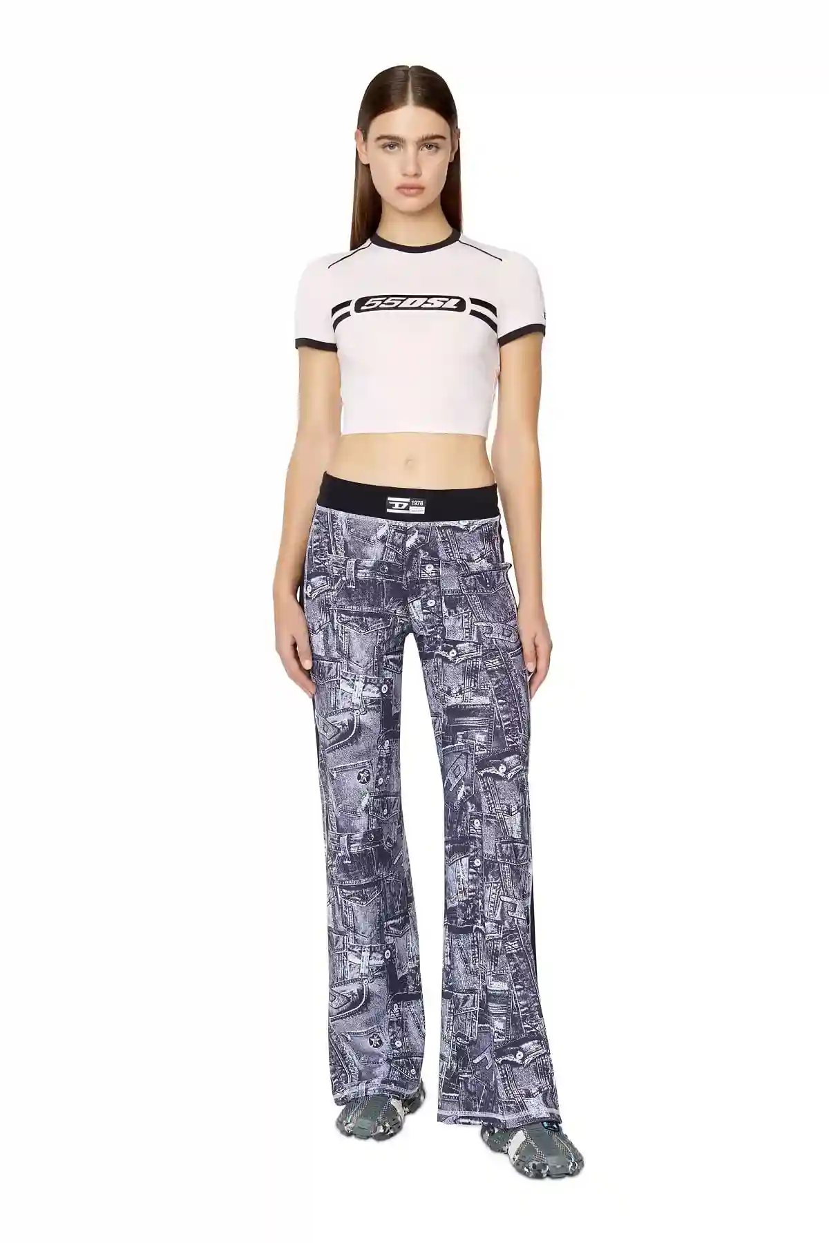 Violet Track pants with denim-pocket print