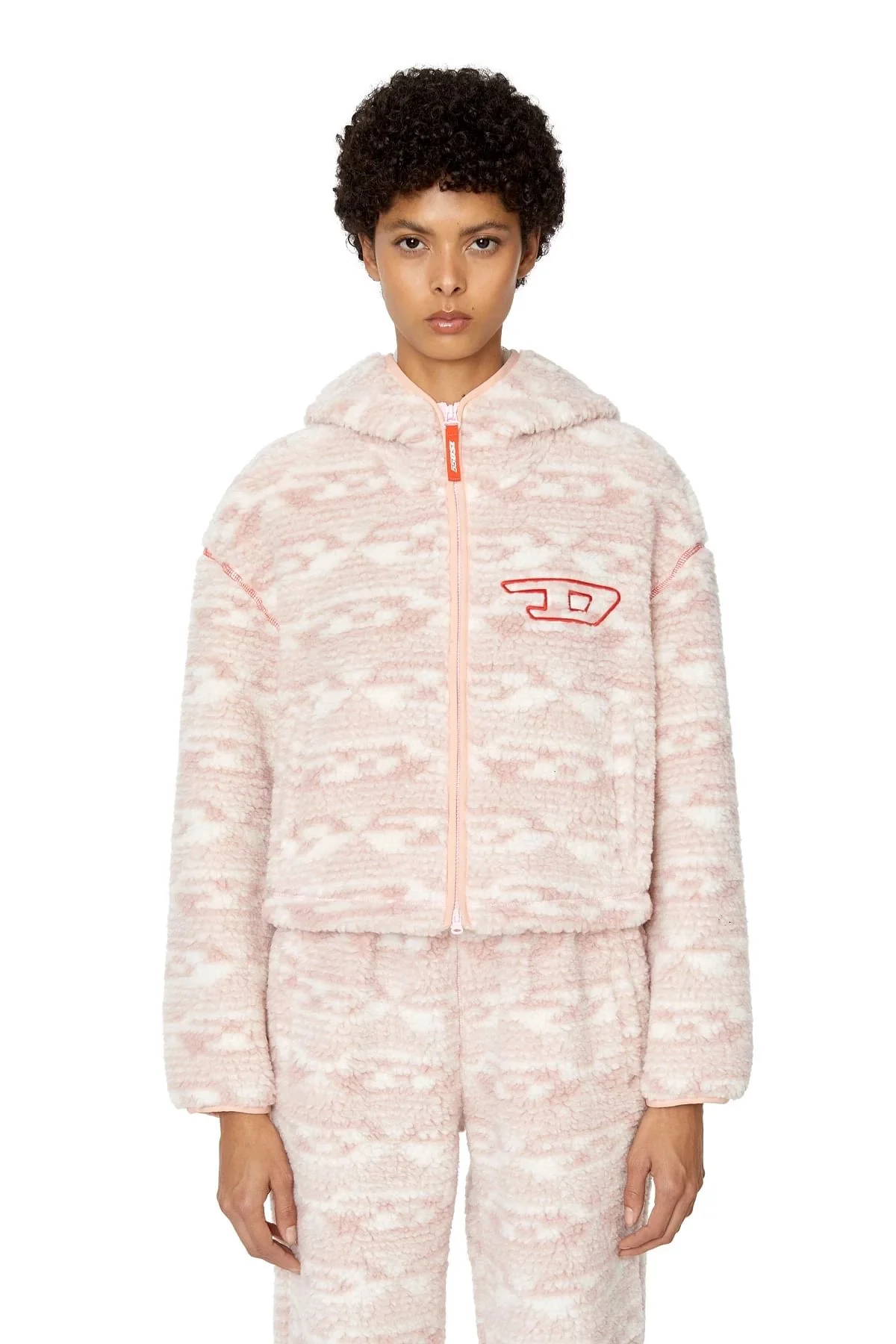 Pink Hoodie in logo-jacquard teddy