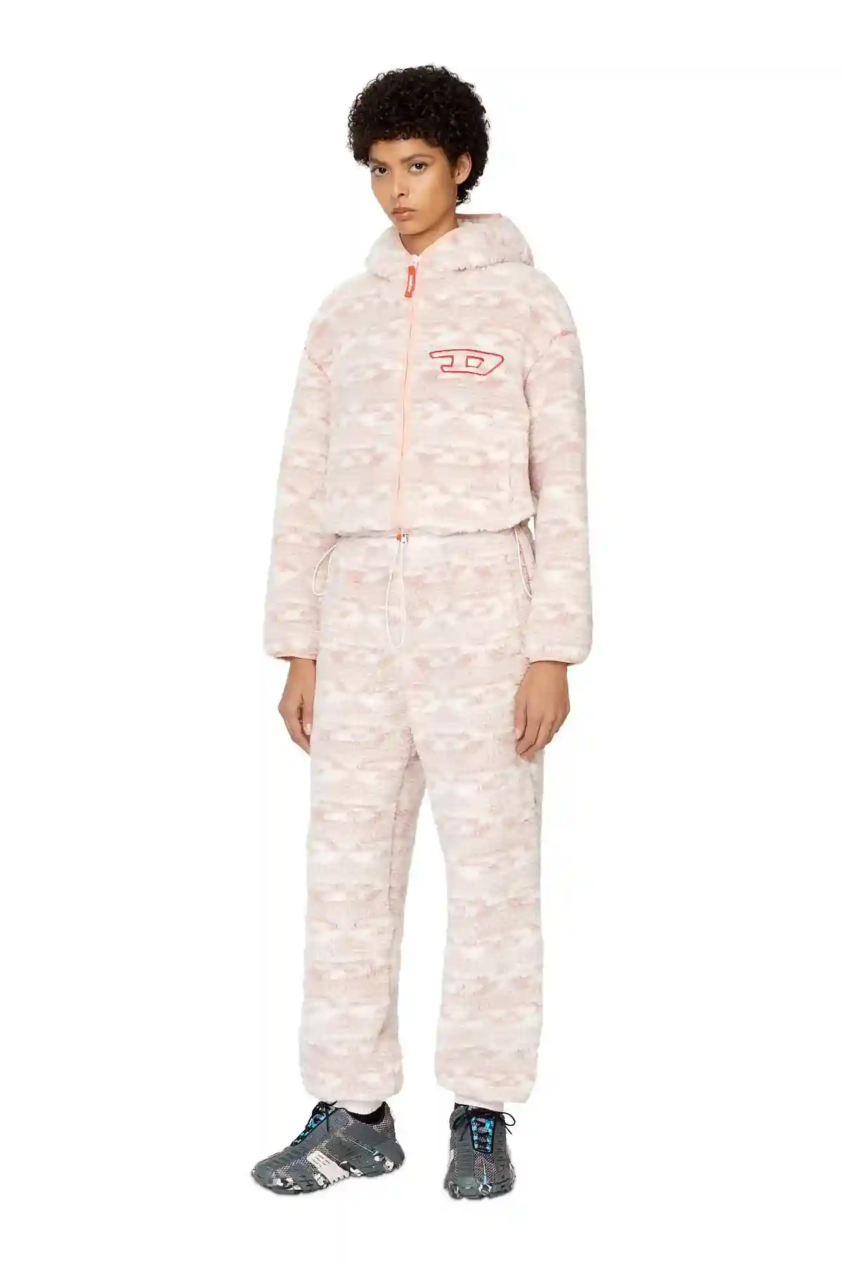 Pink Hoodie in logo-jacquard teddy