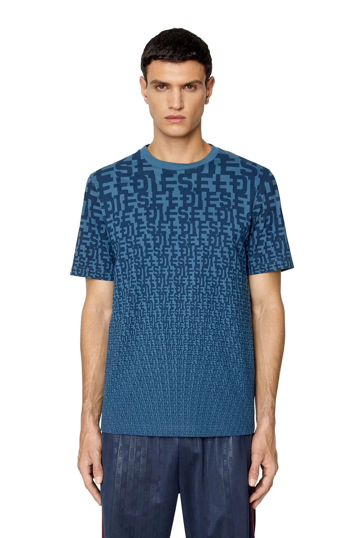 Blue T-shirt with all-over monogram print