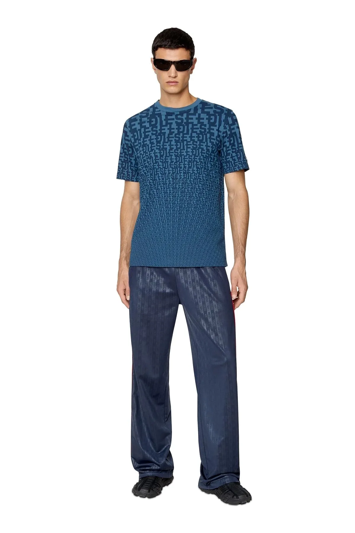 Blue T-shirt with all-over monogram print