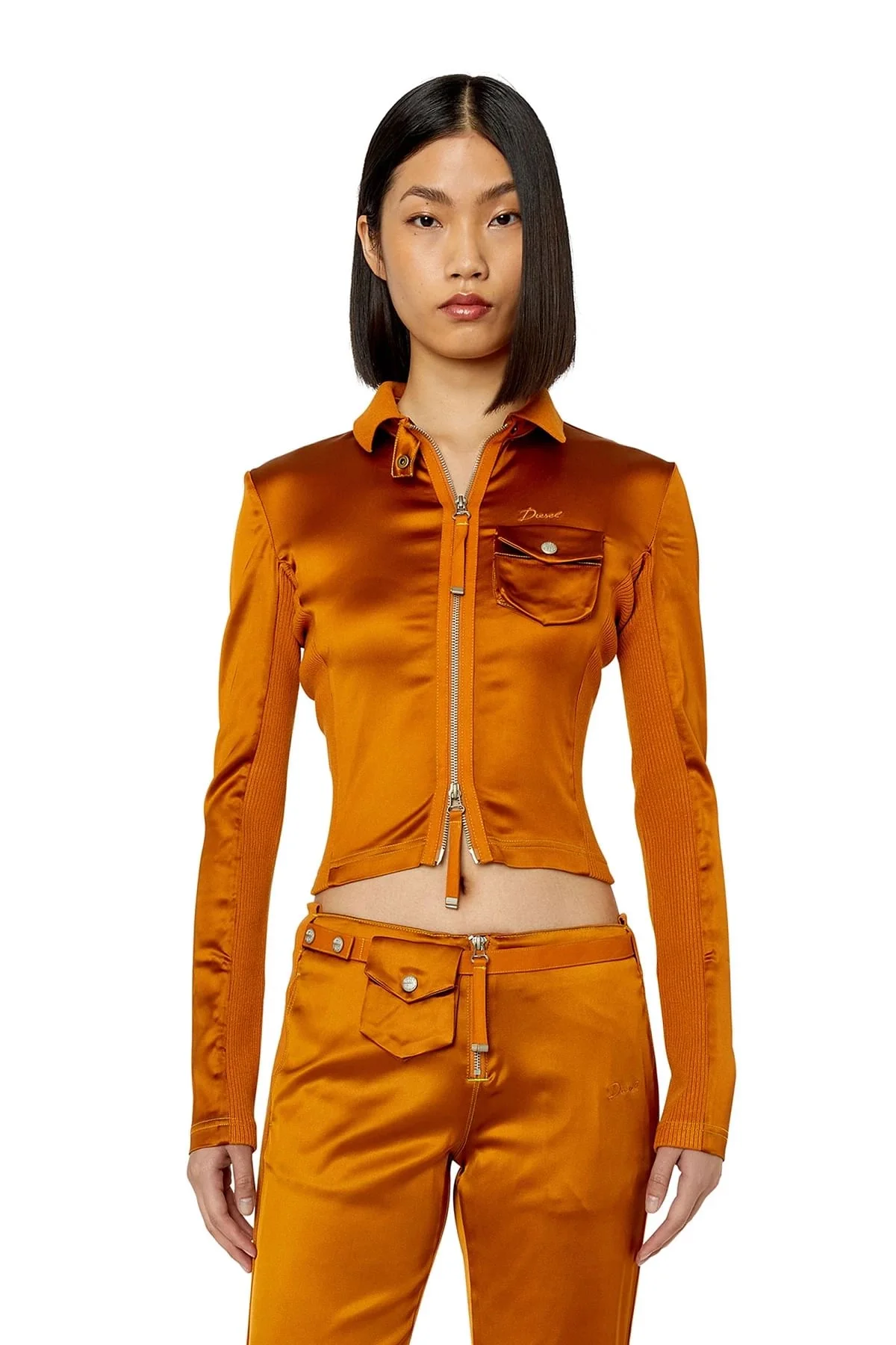 Brown Zip-up shirt in knit and stretch satin