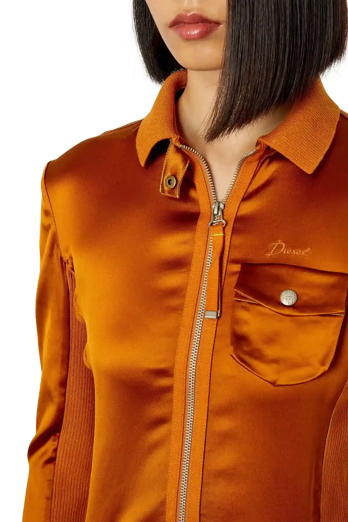 Brown Zip-up shirt in knit and stretch satin