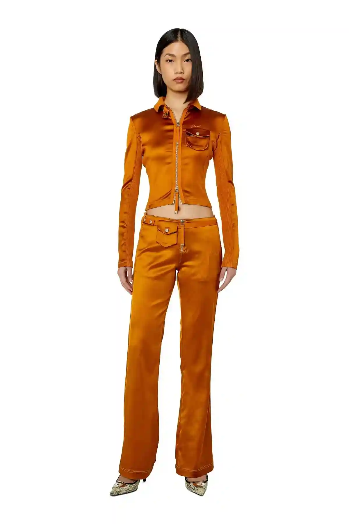 Brown Zip-up shirt in knit and stretch satin