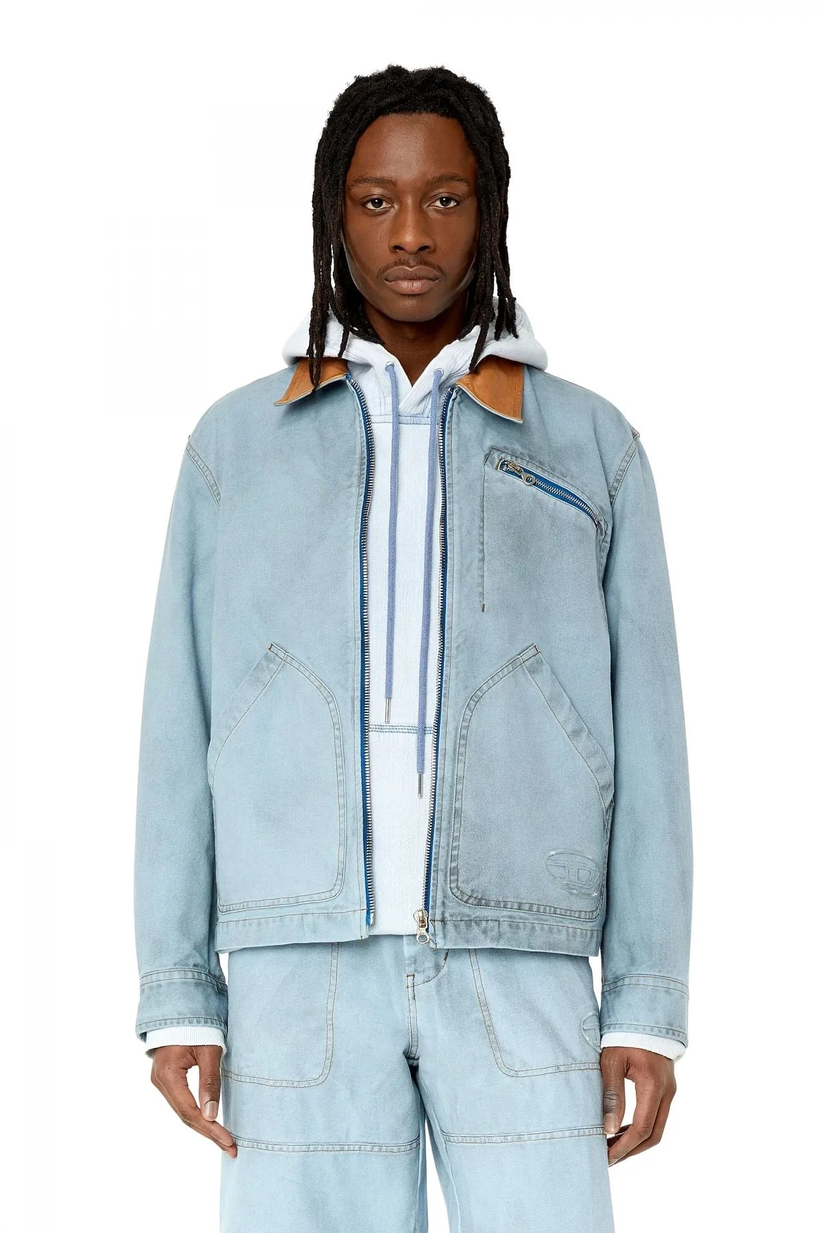 Blue Treated canvas jacket with leather collar