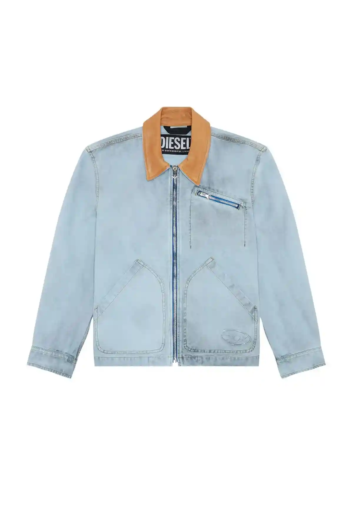 Blue Treated canvas jacket with leather collar
