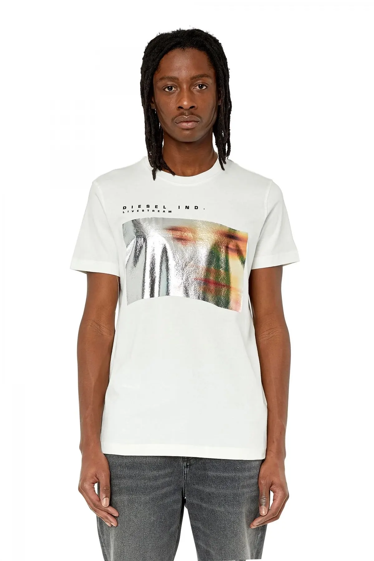 White T-shirt with metallic blurry-face print
