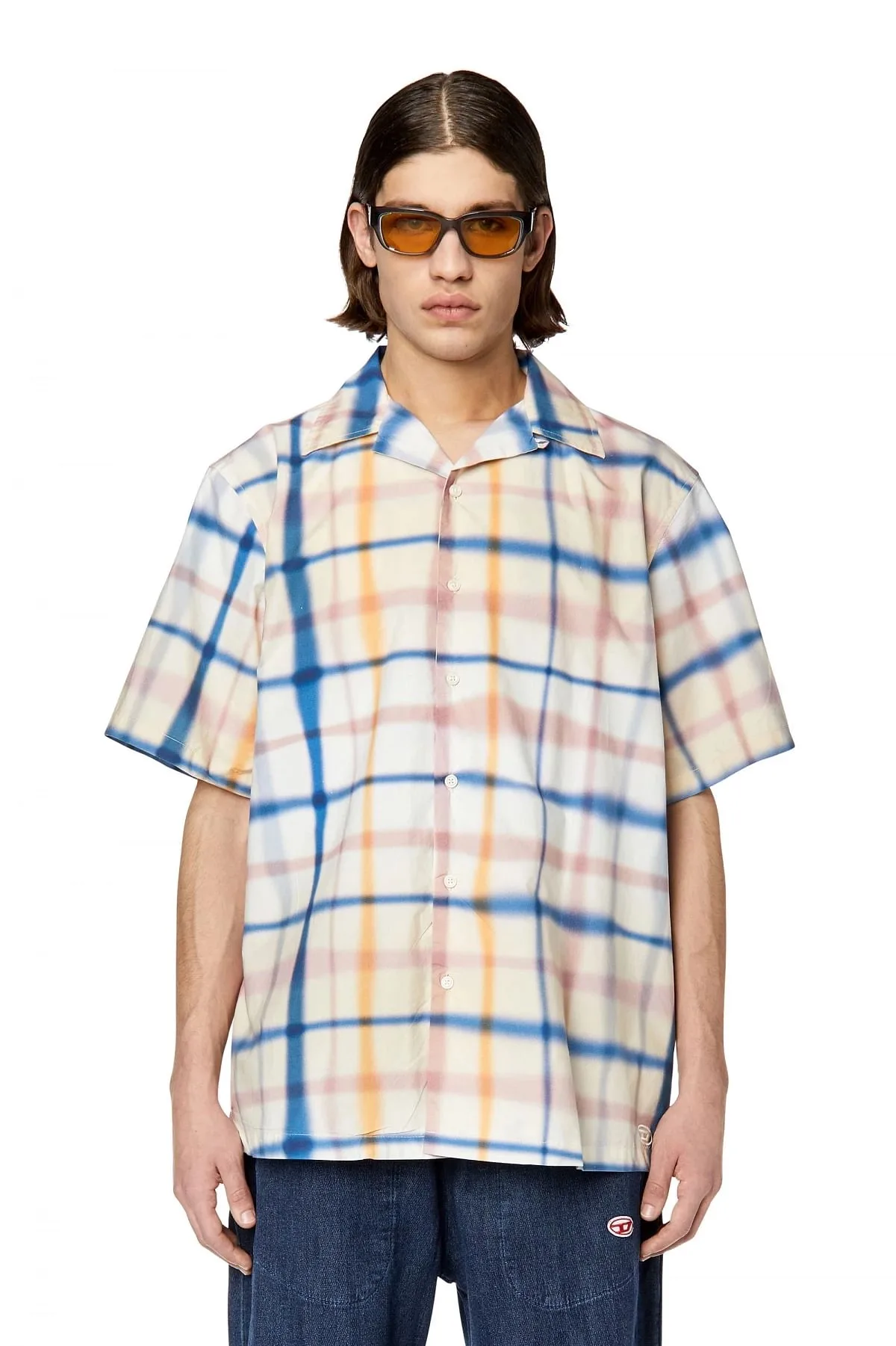 Blue and White Uneven check short-sleeve shirt