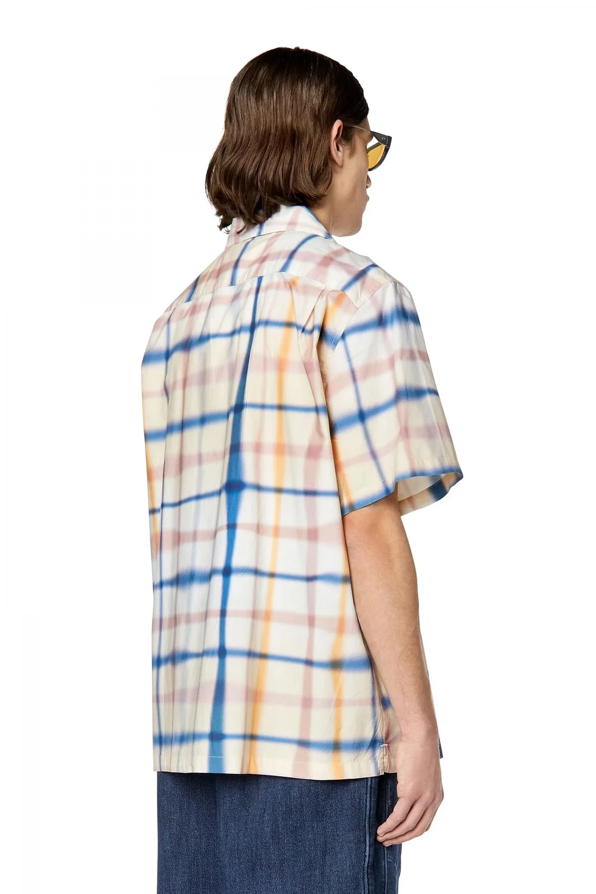 Blue and White Uneven check short-sleeve shirt