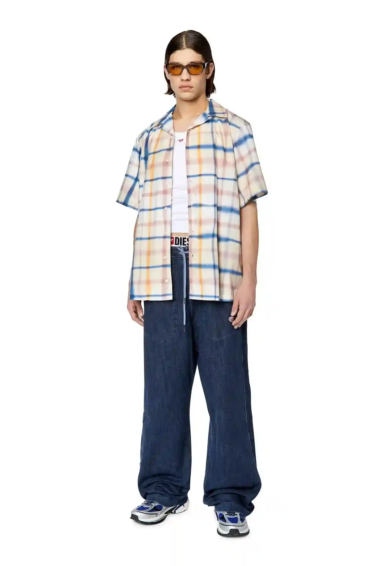 Blue and White Uneven check short-sleeve shirt