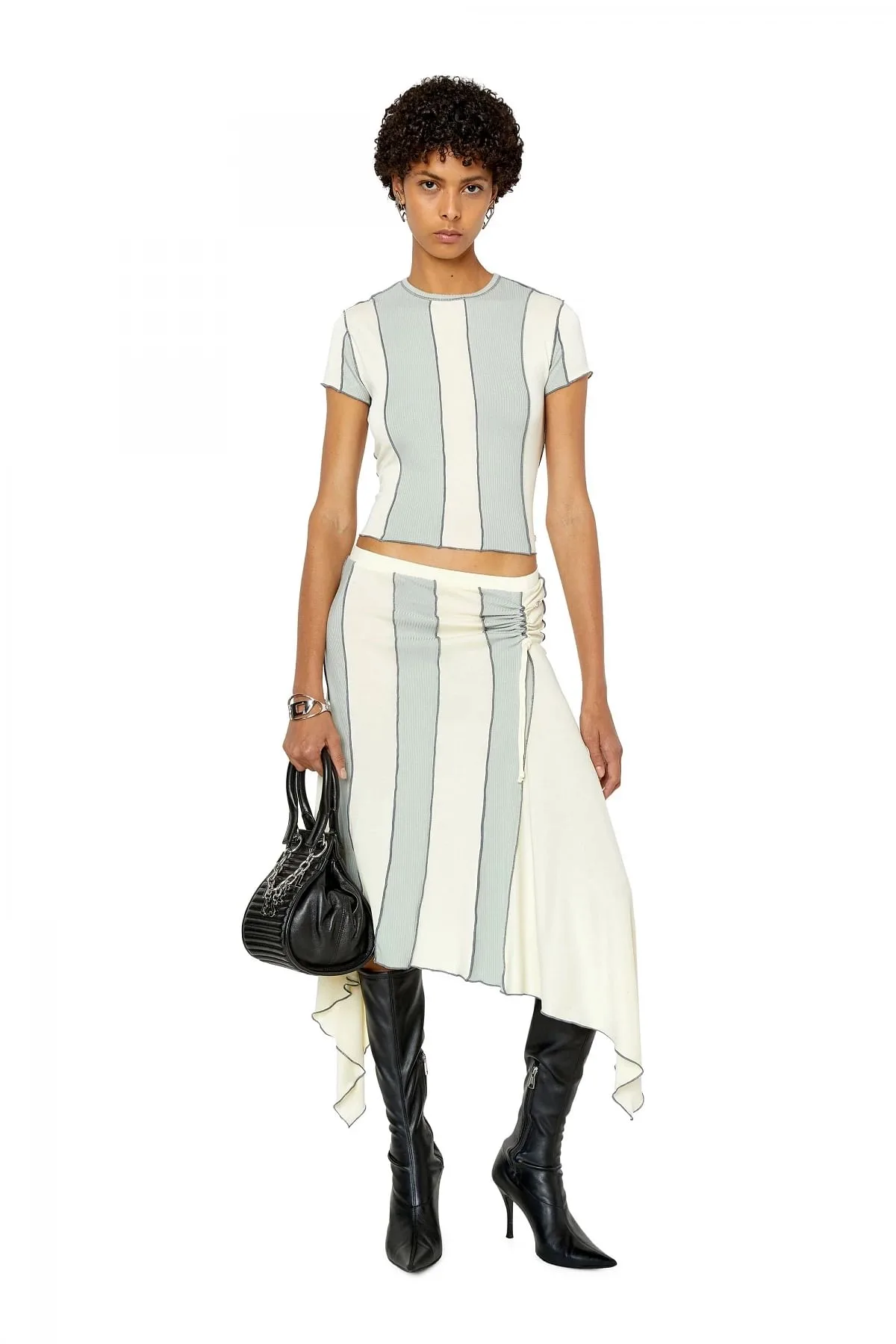 Blue and White Skirt in contrast plain and ribbed jersey