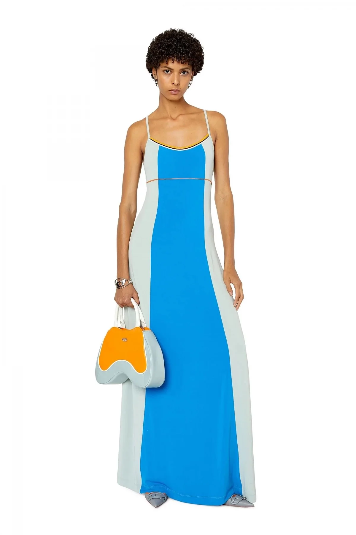 Blue and White Long colour-block dress with open back