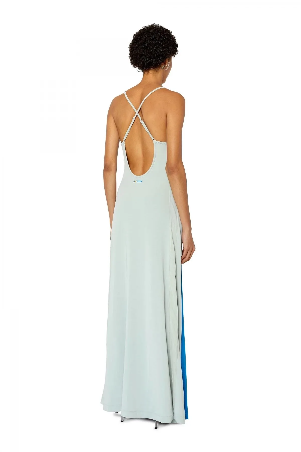 Blue and White Long colour-block dress with open back