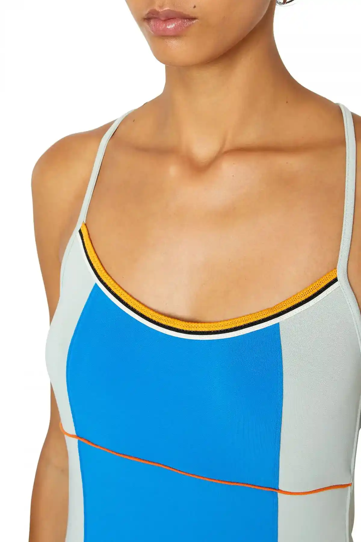 Blue and White Long colour-block dress with open back