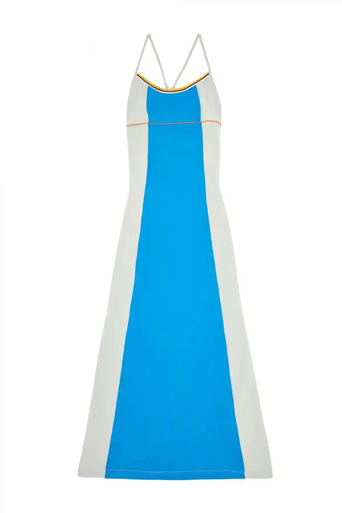 Blue and White Long colour-block dress with open back