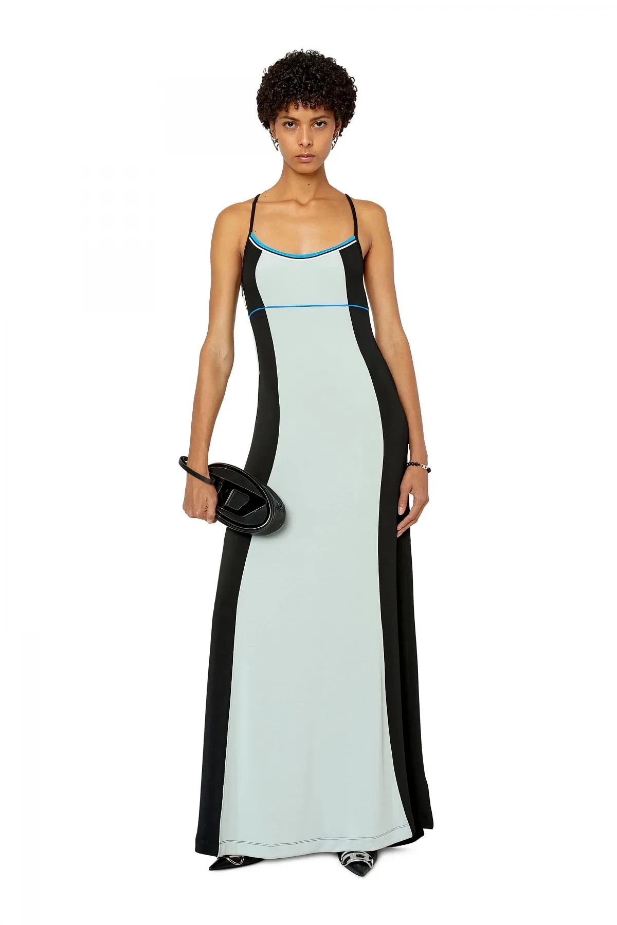 Black and Blue Long colour-block dress with open back