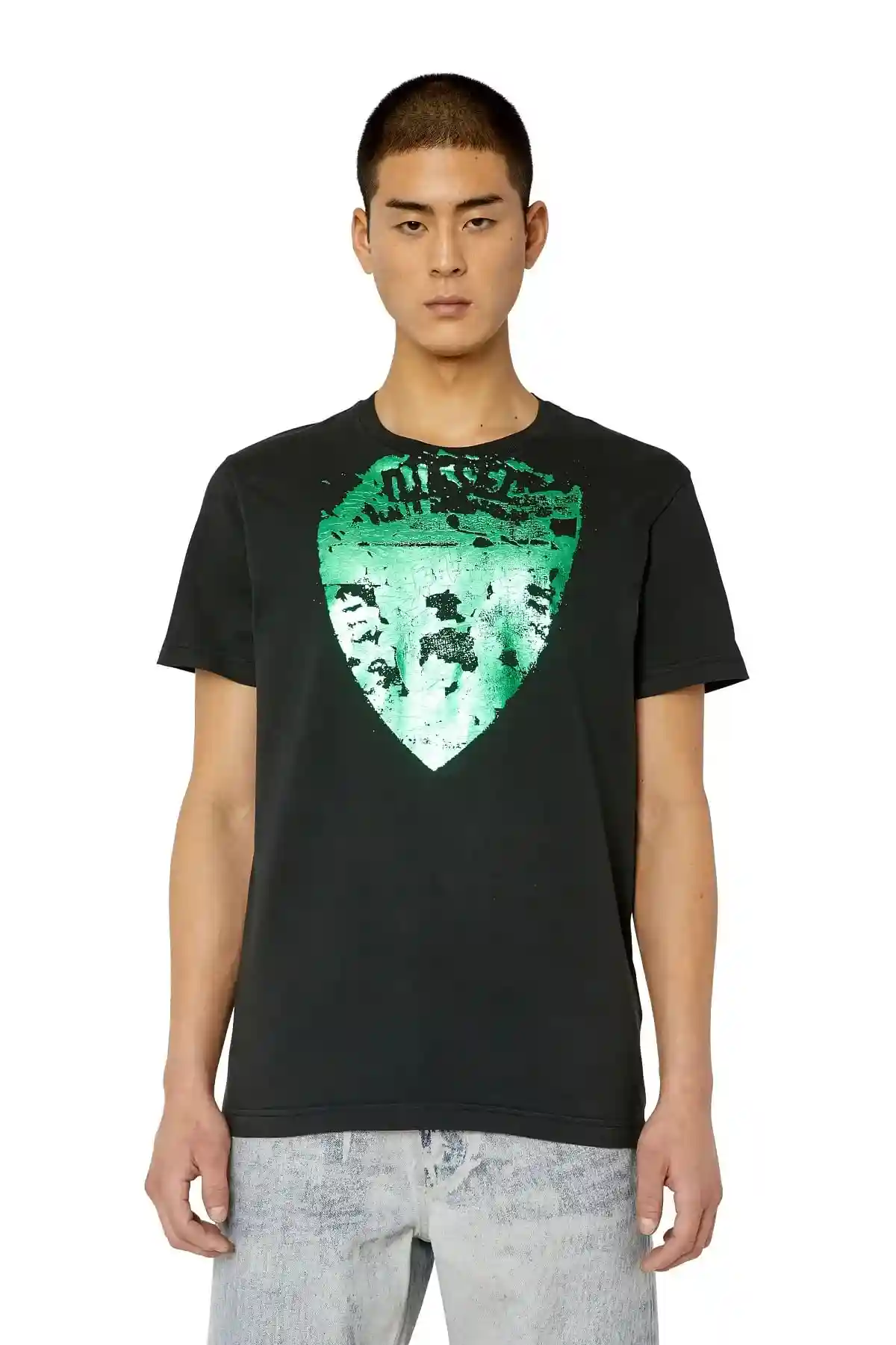 Black T-shirt with metallic shield print